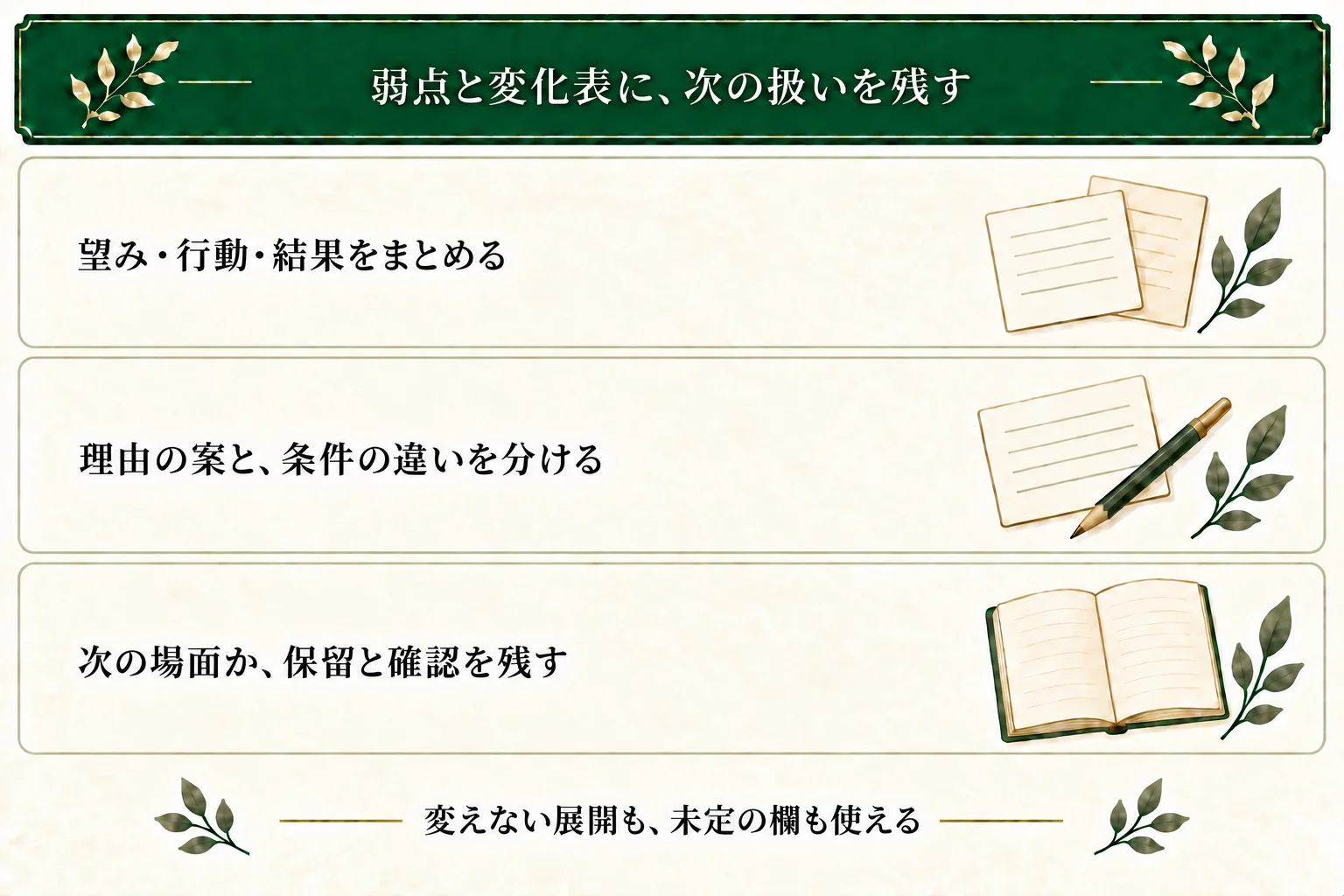 弱点と変化表には望みと本文の行動・結果、前後で違う条件、次の場面や確認事項を残す。変えない場合も使用でき、理由や残る癖などが未定なら空欄でよい。