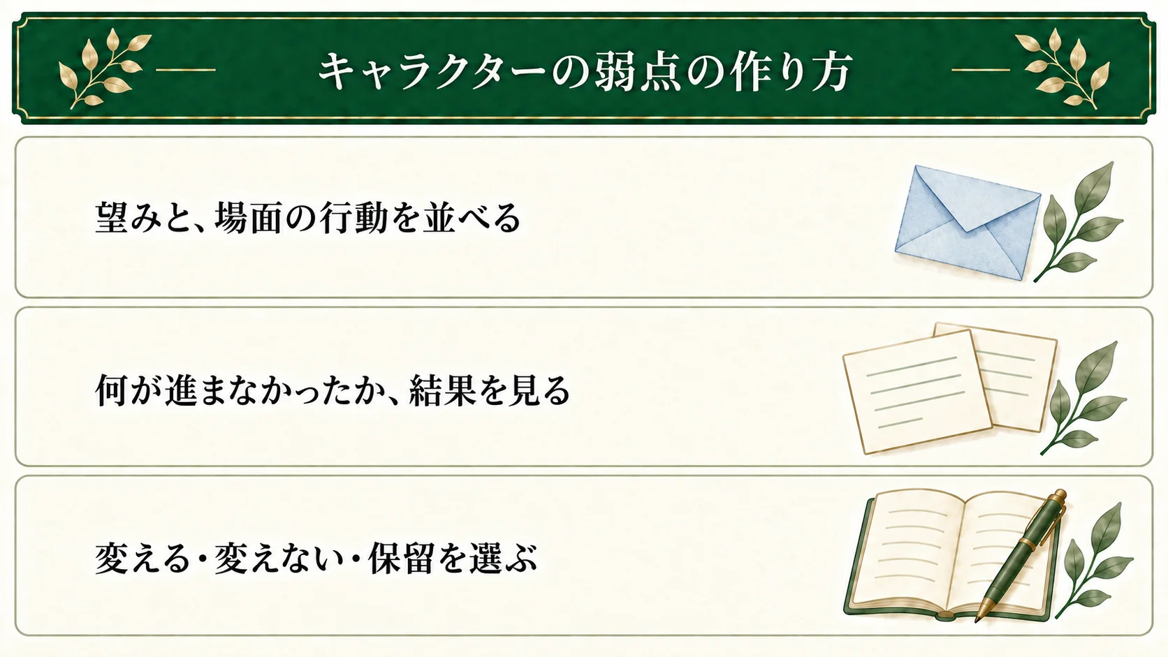 キャラクターの弱点のうち、望みを妨げる行動を扱う。望み・行動・結果を並べ、場面の条件を確かめて、変える・変えない・保留の次の扱いを考える。