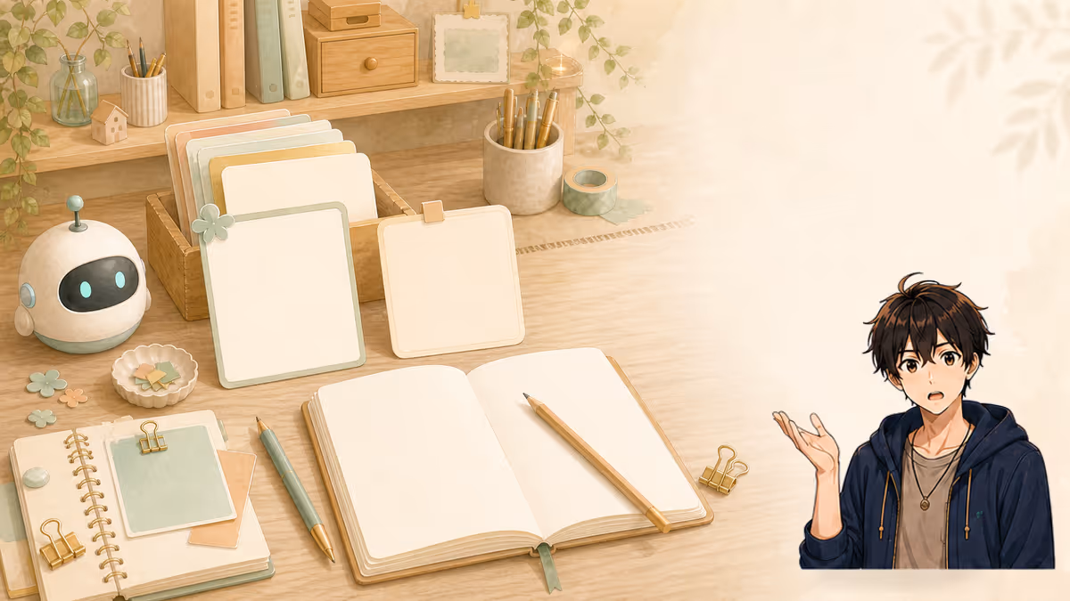ソウマが相談テンプレートとノートを前に次の一手を考える創作アトリエの挿絵