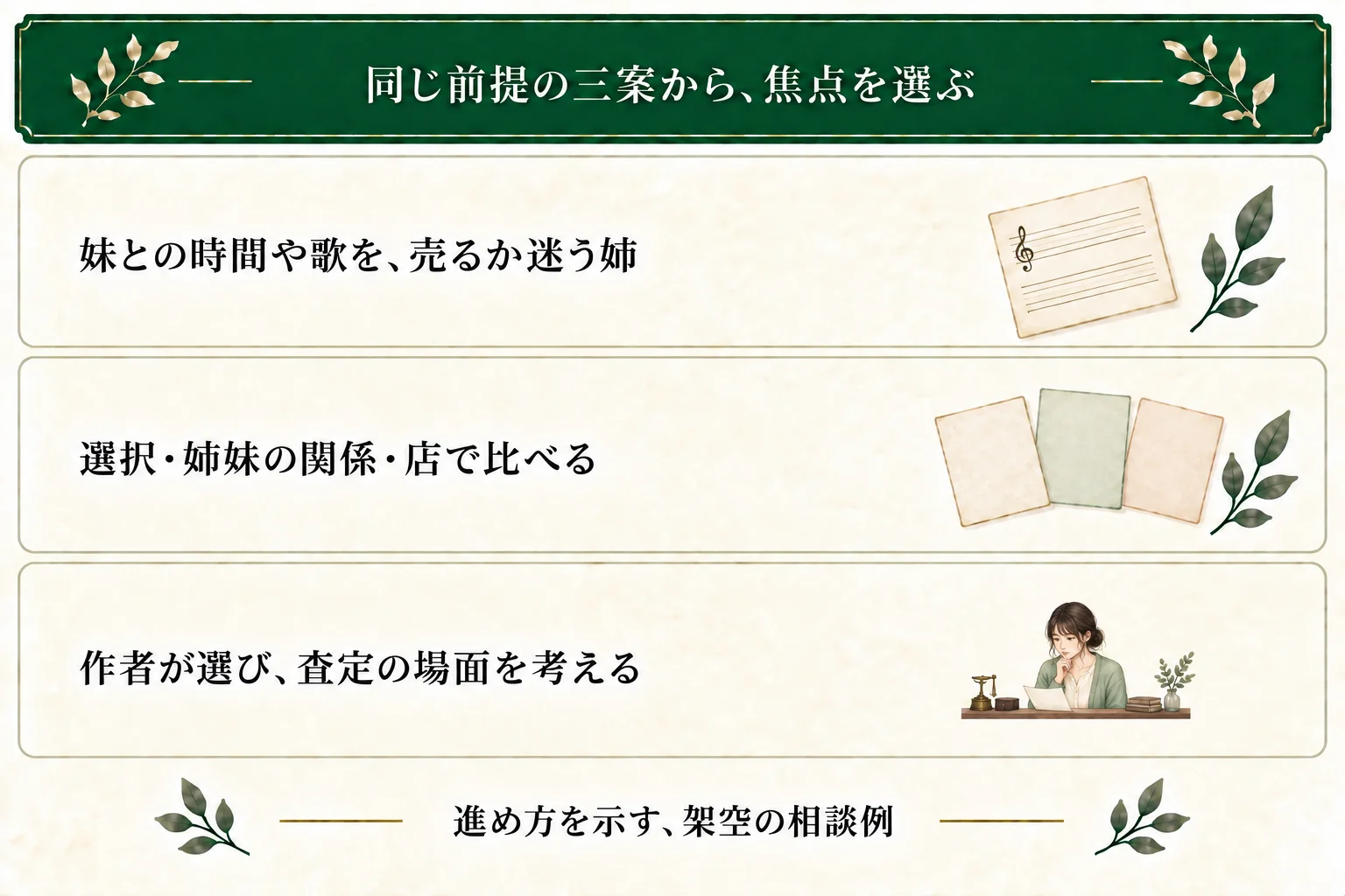 架空の相談例では、妹の治療費と引き換えに二人の時間や歌を失う姉を共通前提とする。選択・姉妹の関係・店の三つの焦点で比べ、作者がBを選び、査定の場面を考える。