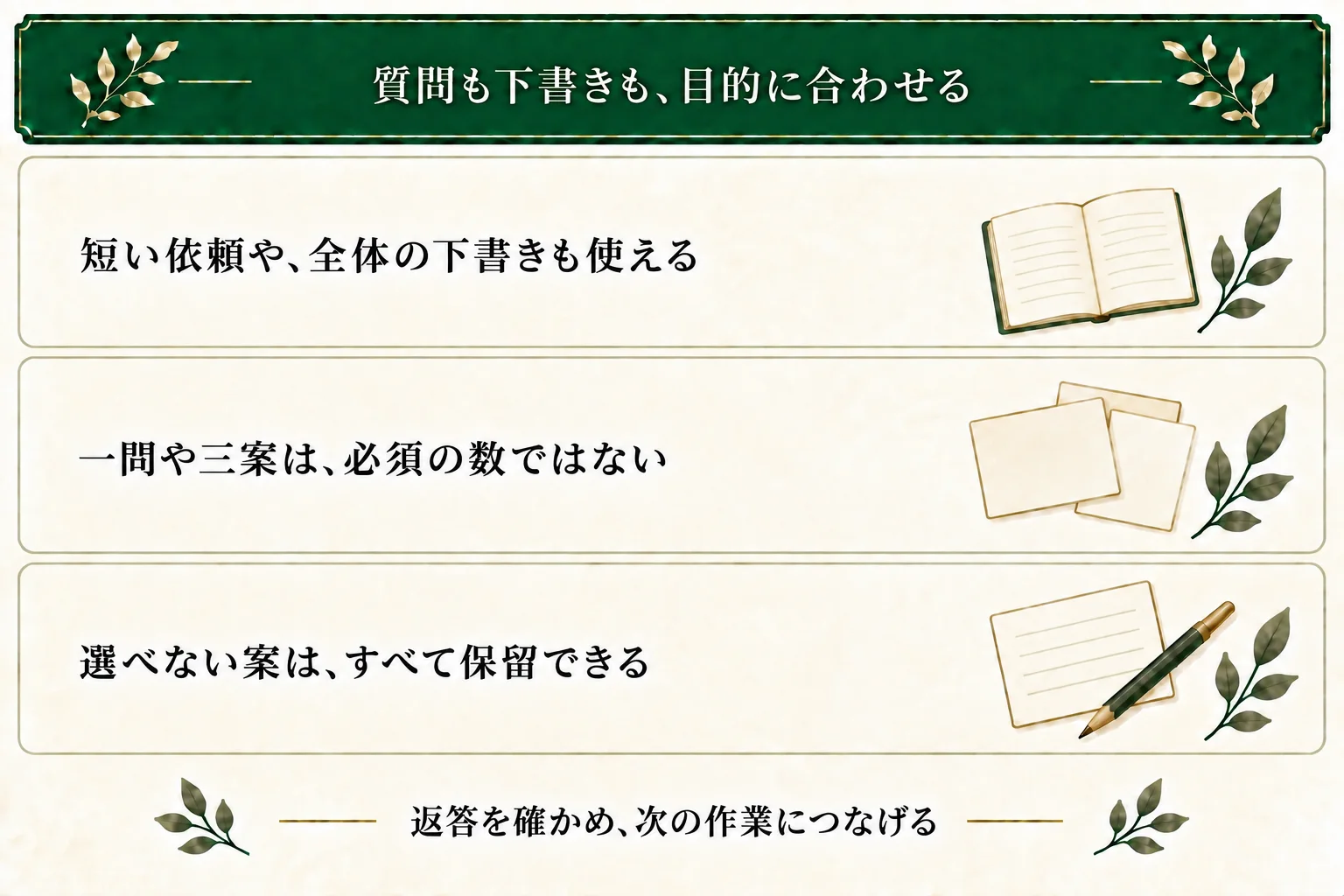 短い依頼や全体の下書きも使用できる。一問や3案は作業量を絞る例で、必須ではない。選べない案はすべて保留し、返答を元の条件と確かめて次の作業へつなげる。