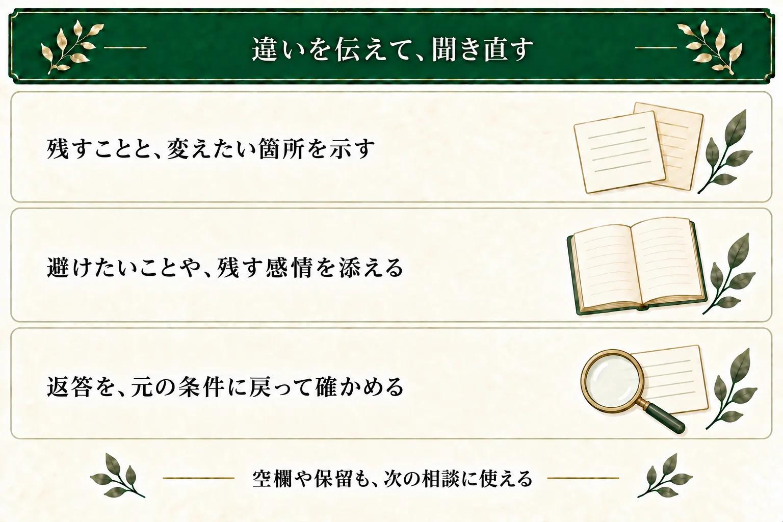 聞き直しは、残す・変える・避ける・感じてほしいの4項目を手がかりにする。分からない点は空欄でよく、新設定が増えていないか元の条件と照合する。