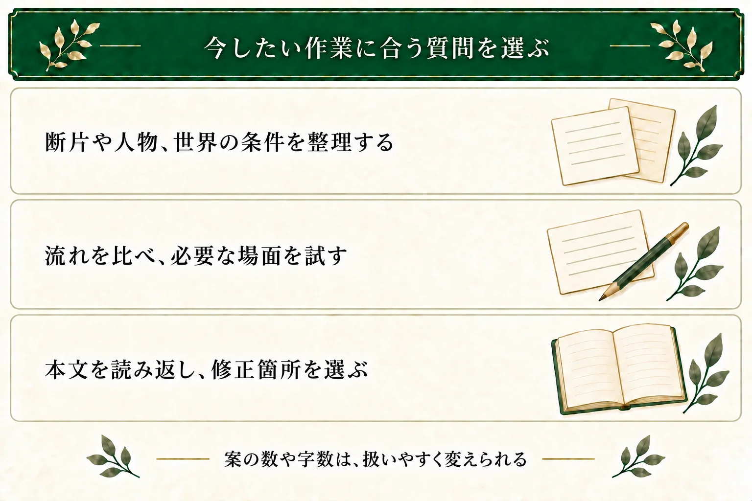 段階別の8つの依頼例を、断片の整理、核、人物、障害、世界のルール、プロット、場面の下書き、推敲から必要に応じて選ぶ。すべてを順番に使う必要はなく、案の数や字数も目安。