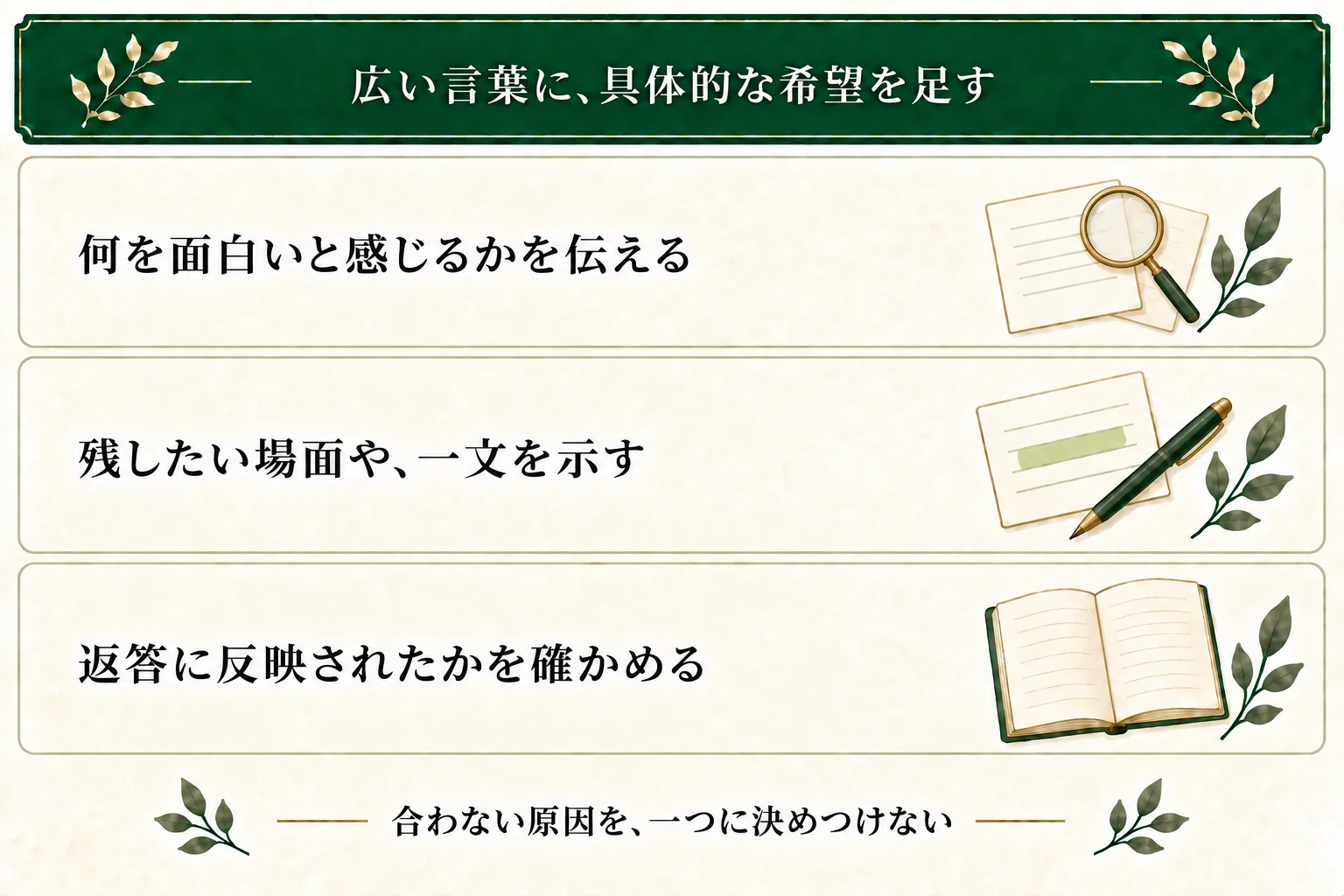 面白いという言葉に、読者の体験や残したい場面・表現を足す。返答が好みと違う原因を断定せず、希望が依頼に入り反映されているかを確かめる。