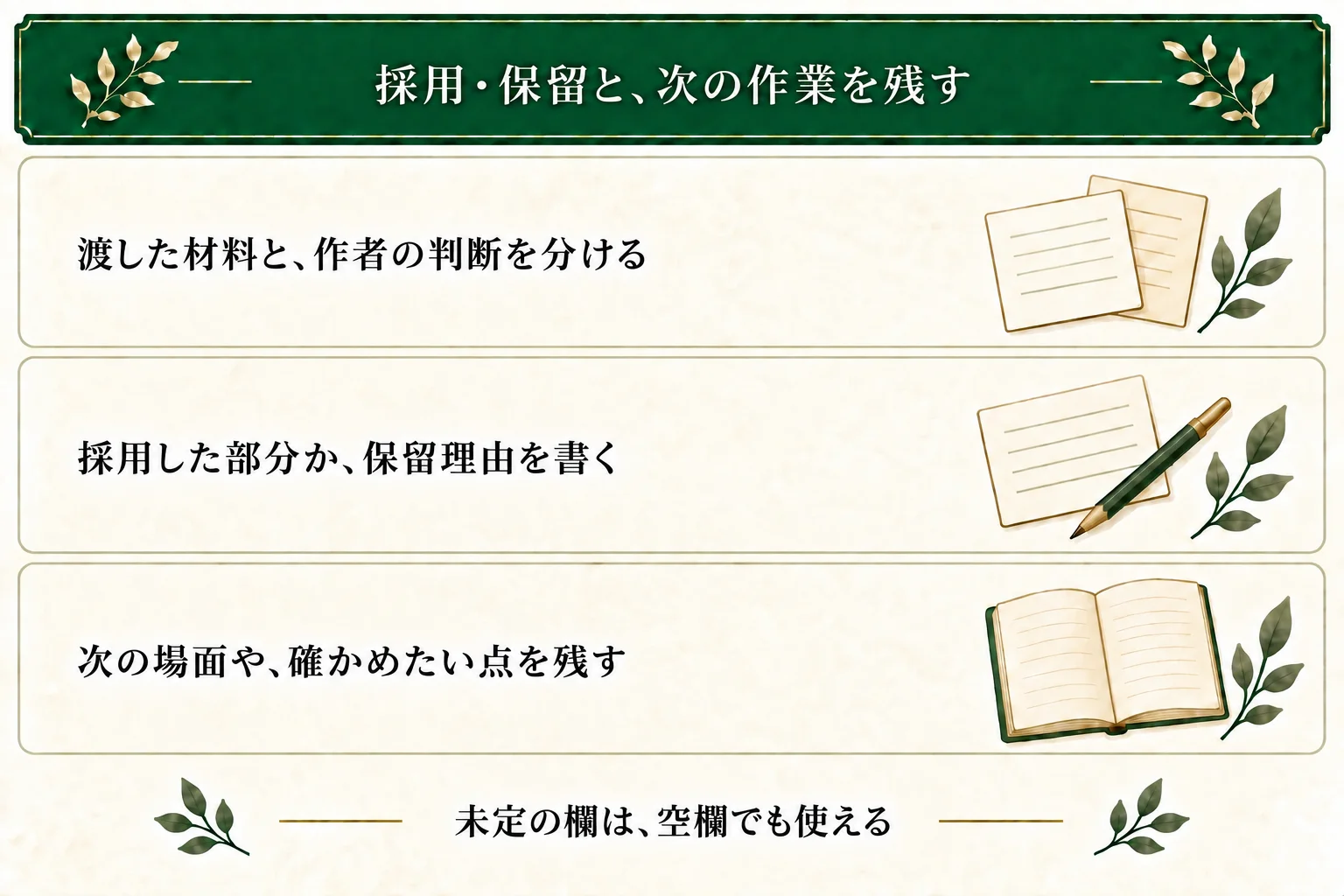 相談メモには材料と作者の判断を分けて記録する。全案保留も選べ、次の場面がなくても確認したい点を残せる。未定の欄は空欄で使える。