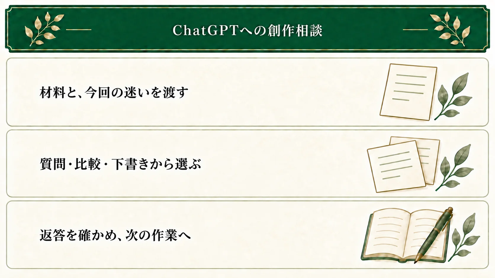 今ある材料と迷いを渡し、質問・比較・下書きなど必要な作業を選ぶ。返答を元の条件に照合し、採用・保留と次の作業を残す。