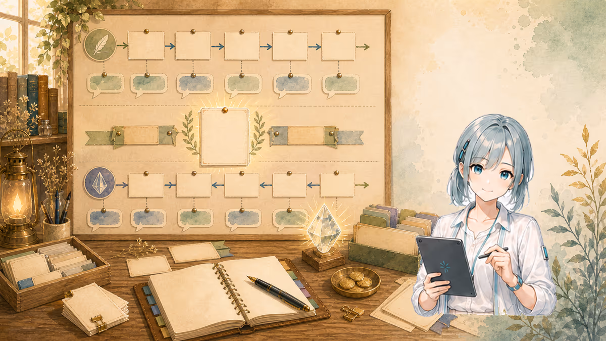 ChatGPTで物語を相談する方法の内容をイメージした創作アトリエの挿絵