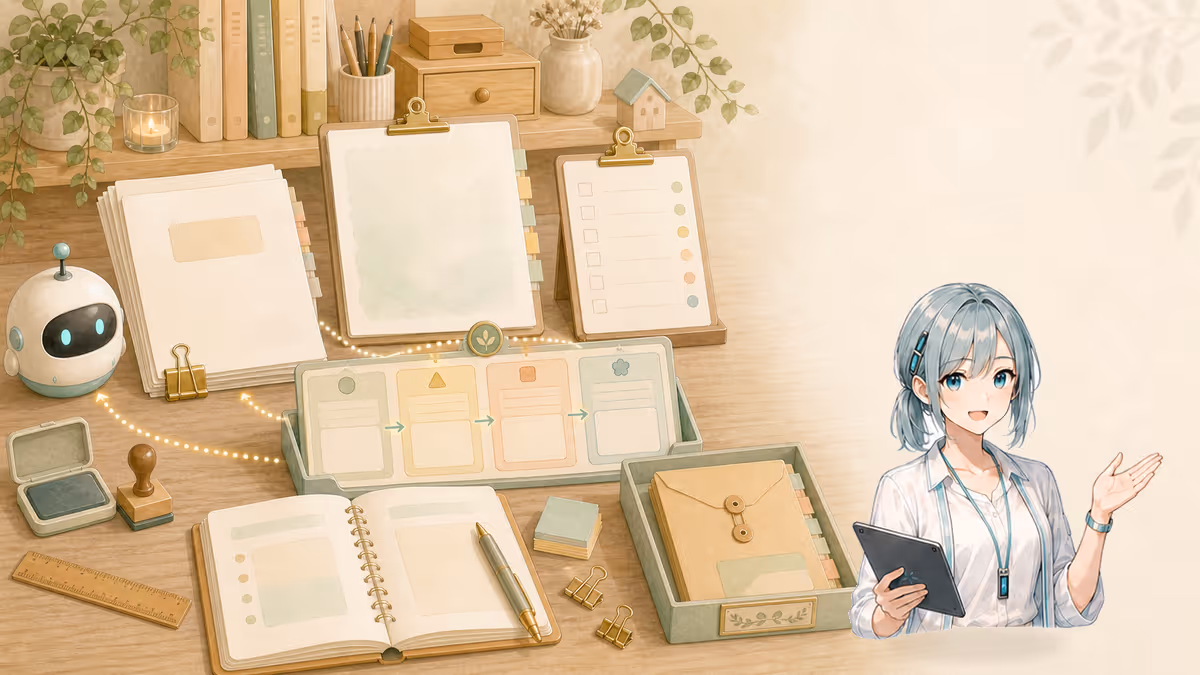 ミラが応募規約の要点カードとチェックリストを整理する創作アトリエの挿絵