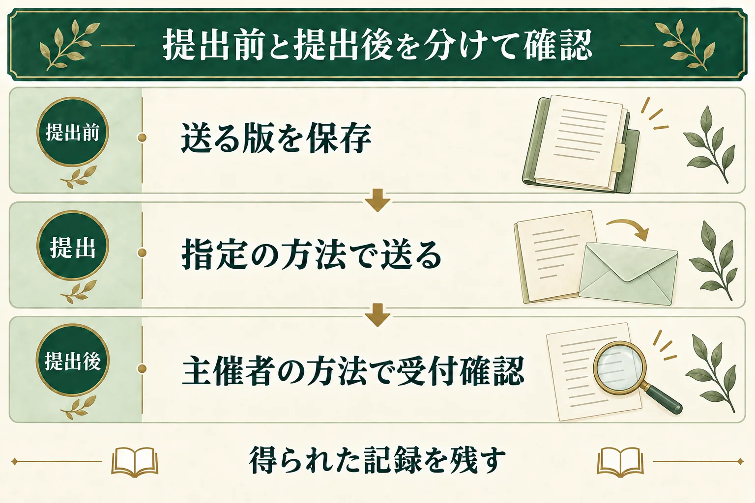 提出前に送る原稿を保存し、指定の方法で提出する。その後、主催者の案内する方法で受付を確認し、得られた記録を残す。