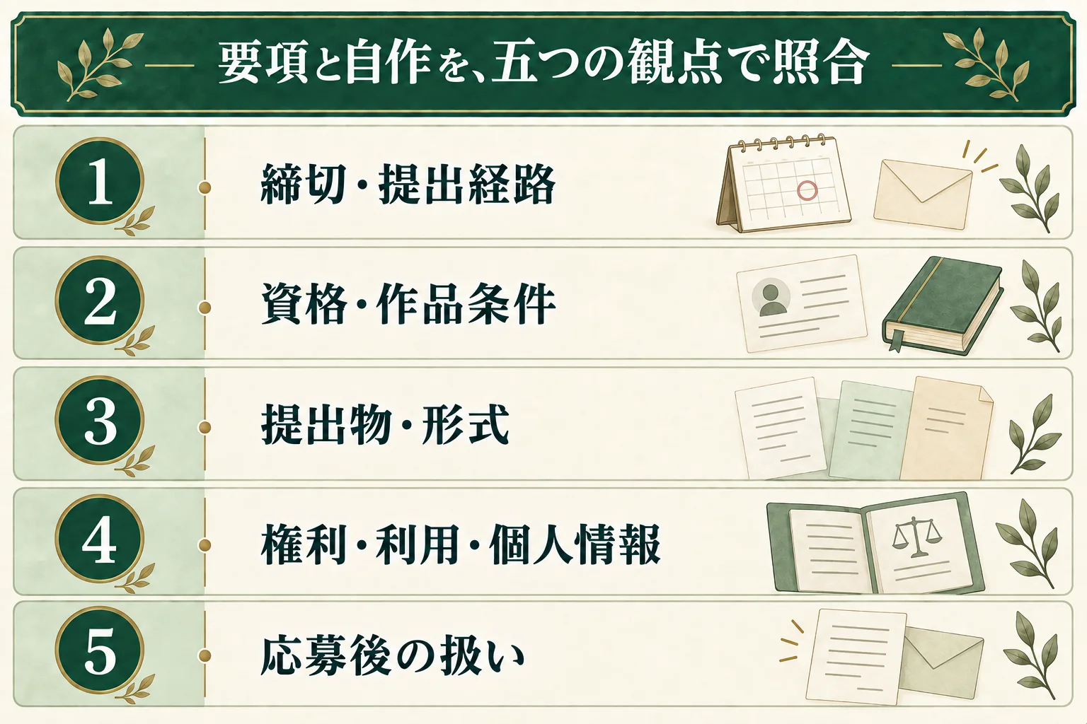 応募要項と自作を、締切・提出経路、資格・作品条件、提出物・形式、権利・利用・個人情報、応募後の扱いの五つの観点で照合する。