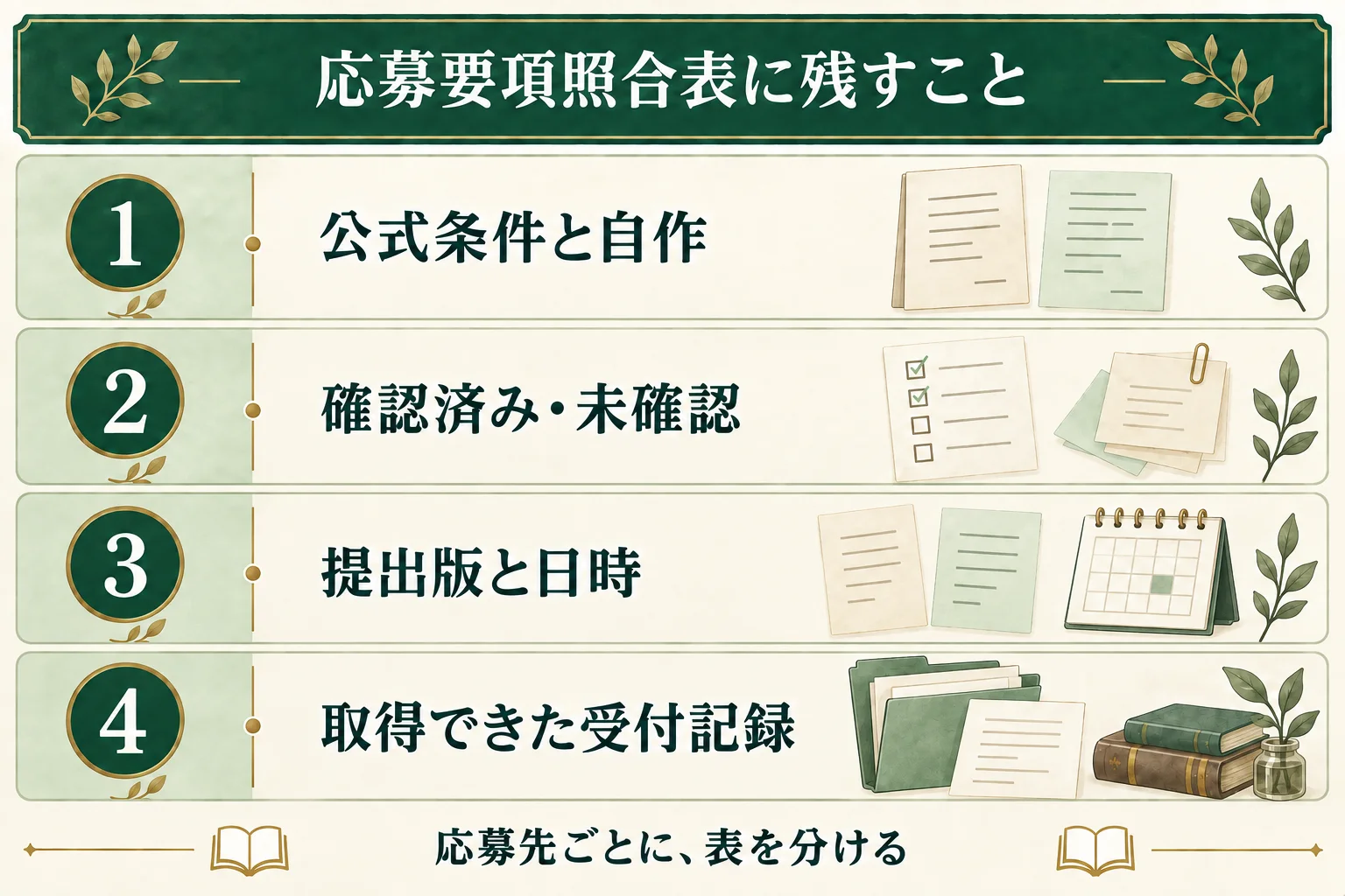 応募要項照合表には公式条件と自作、確認済み・未確認、提出版と日時、取得できた受付記録を残す。応募先ごとに表を分ける。