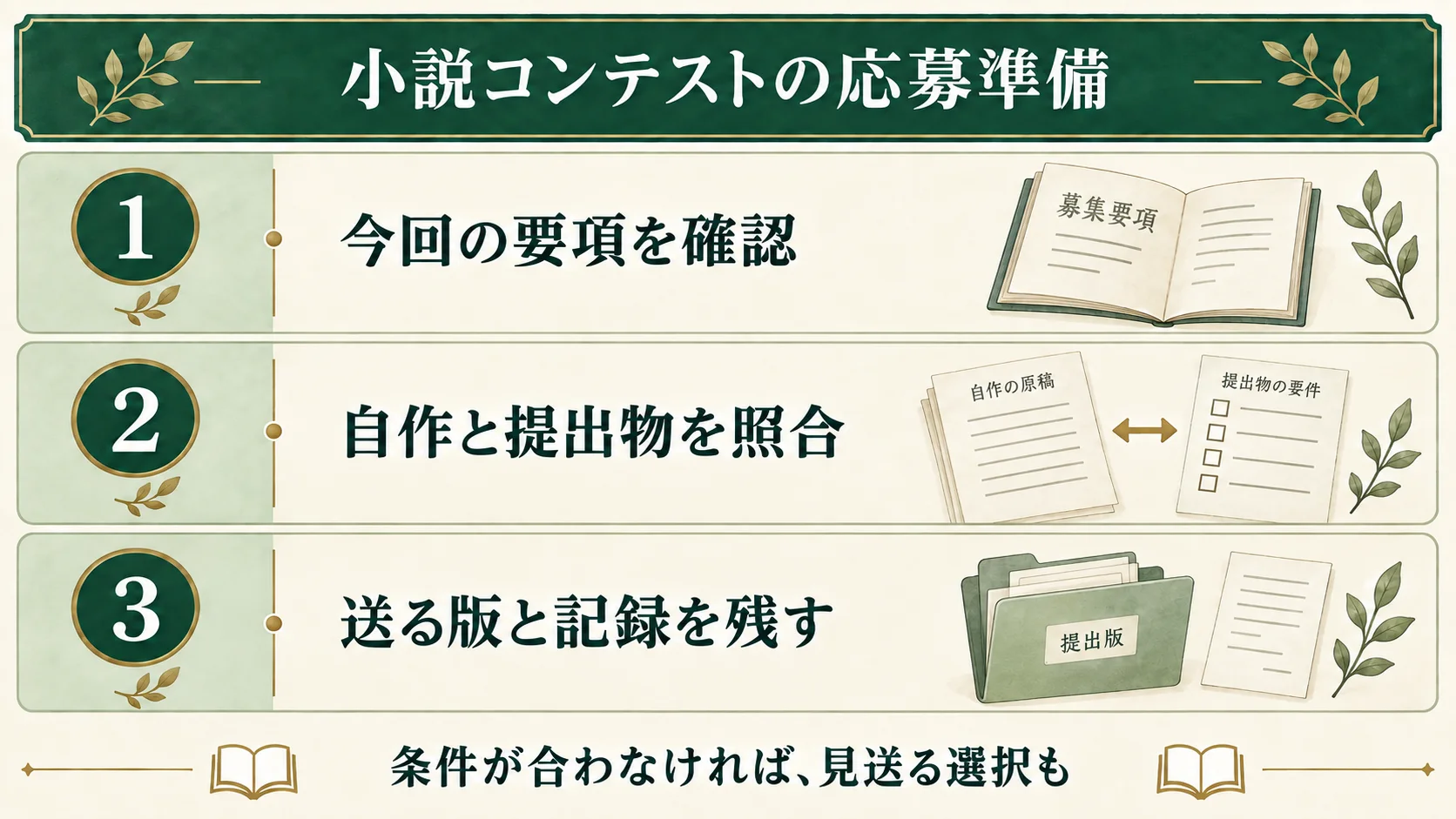 小説コンテストの応募準備は、今回の要項を確認し、自作と提出物を照合し、送る版と提出記録を残す。条件が合わなければ応募を見送る選択もできる。
