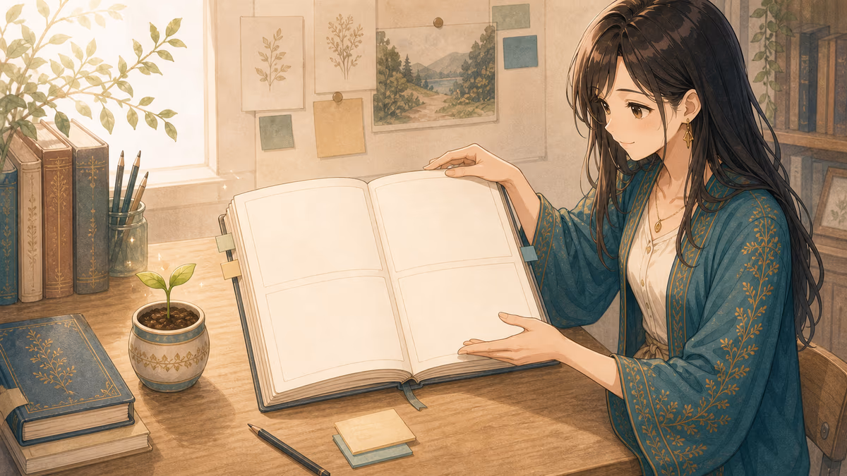コトハが開いた創作ノートの四つの空白ページを示しているアトリエの挿絵