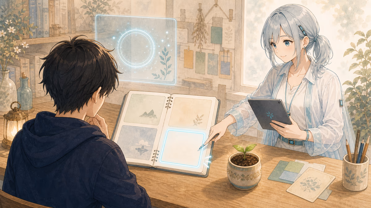 ミラが創作ノートの空いているページを示して相談先を絞っているアトリエの挿絵