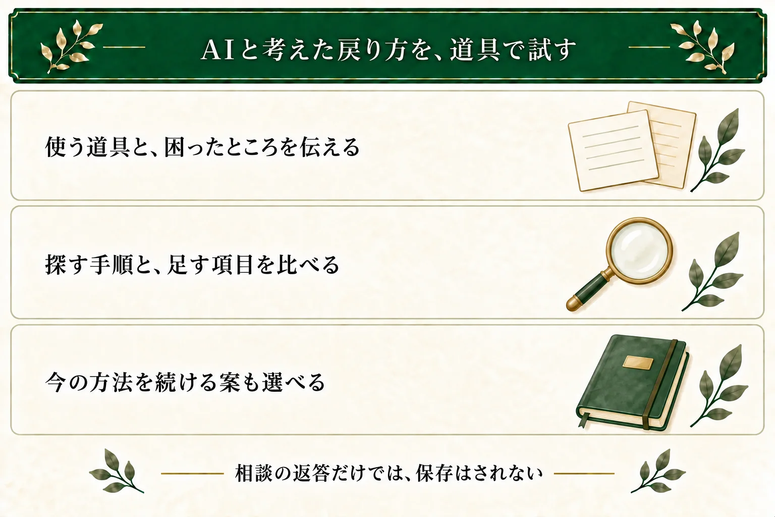 AIに道具・保存先・困り事・見直す目安を渡し、探し直す手順を比べる。今の方法を続けてもよく、提案は実際の道具で確かめる。返答だけで保存はされない。