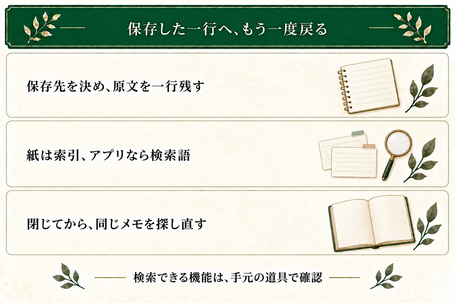 紙の創作ノートに一行を残し、索引からそのページへ戻る。検索できるアプリなら原文の言葉を手がかりにする。機能は手元で確認する。