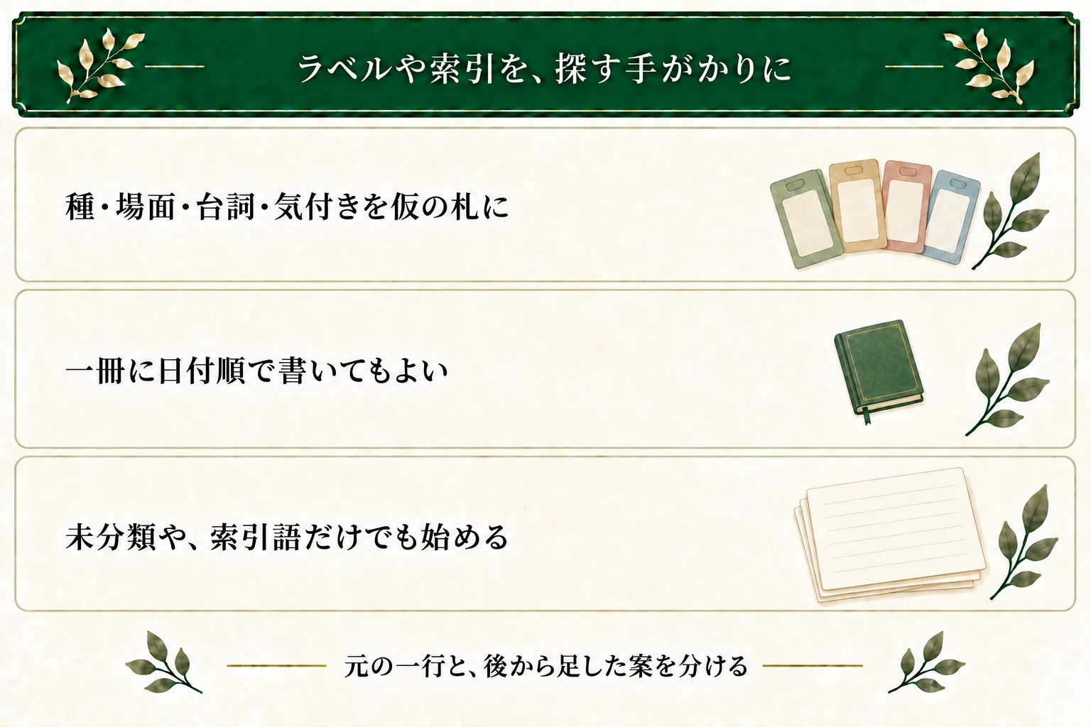 種・場面・台詞・気付きの4ラベルは仮の印。一冊に日付順で書く方法や未分類も使える。索引や検索語で原文へ戻り、後から加えた案は元の一行と分ける。