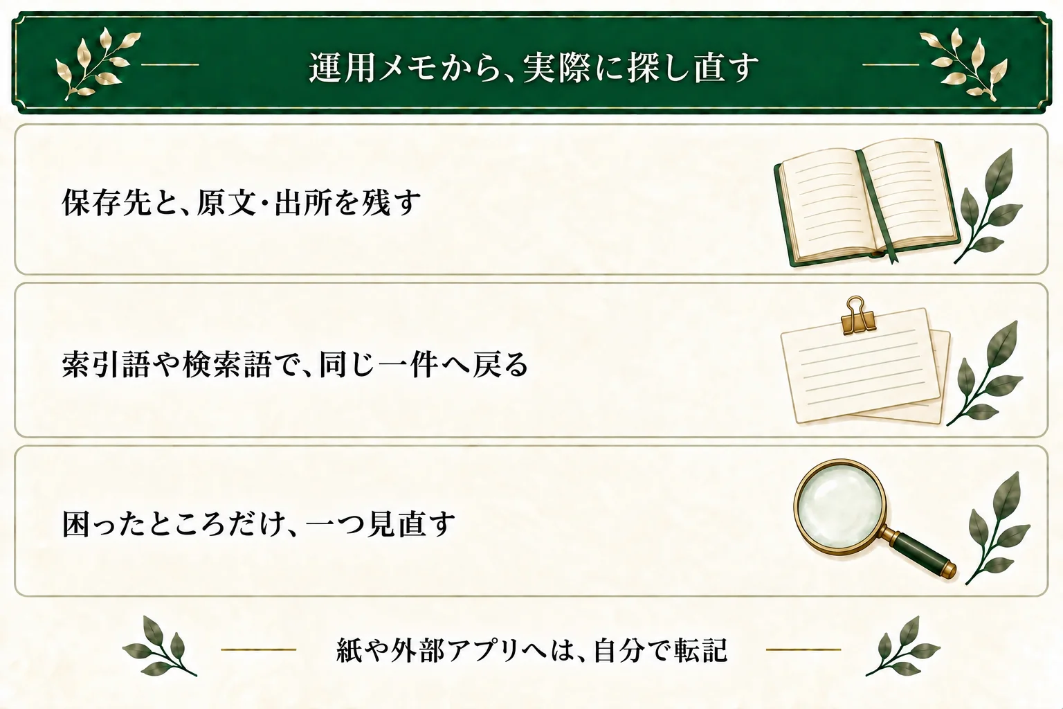 運用メモは保存先・原文・出所・索引語や検索語・見直す目安を記録する。紙や外部アプリへ自動転記されないため、使う道具で保存して探し直し、困ったところだけ見直す。