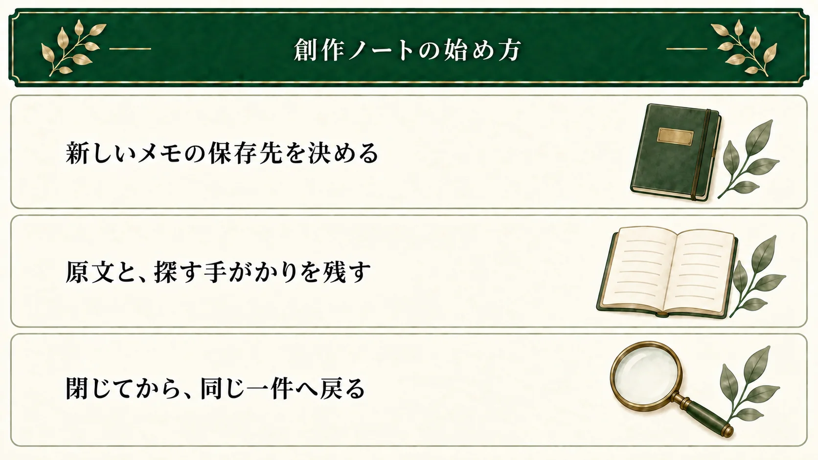 創作ノートは、保存先を決めて原文と探す手がかりを残し、閉じたあと同じ一件へ戻るところから始められる。