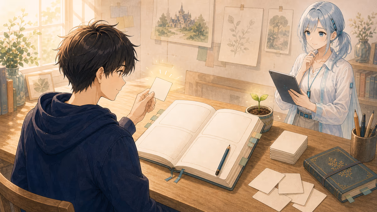 創作ノートの始め方の内容をイメージした創作アトリエの挿絵