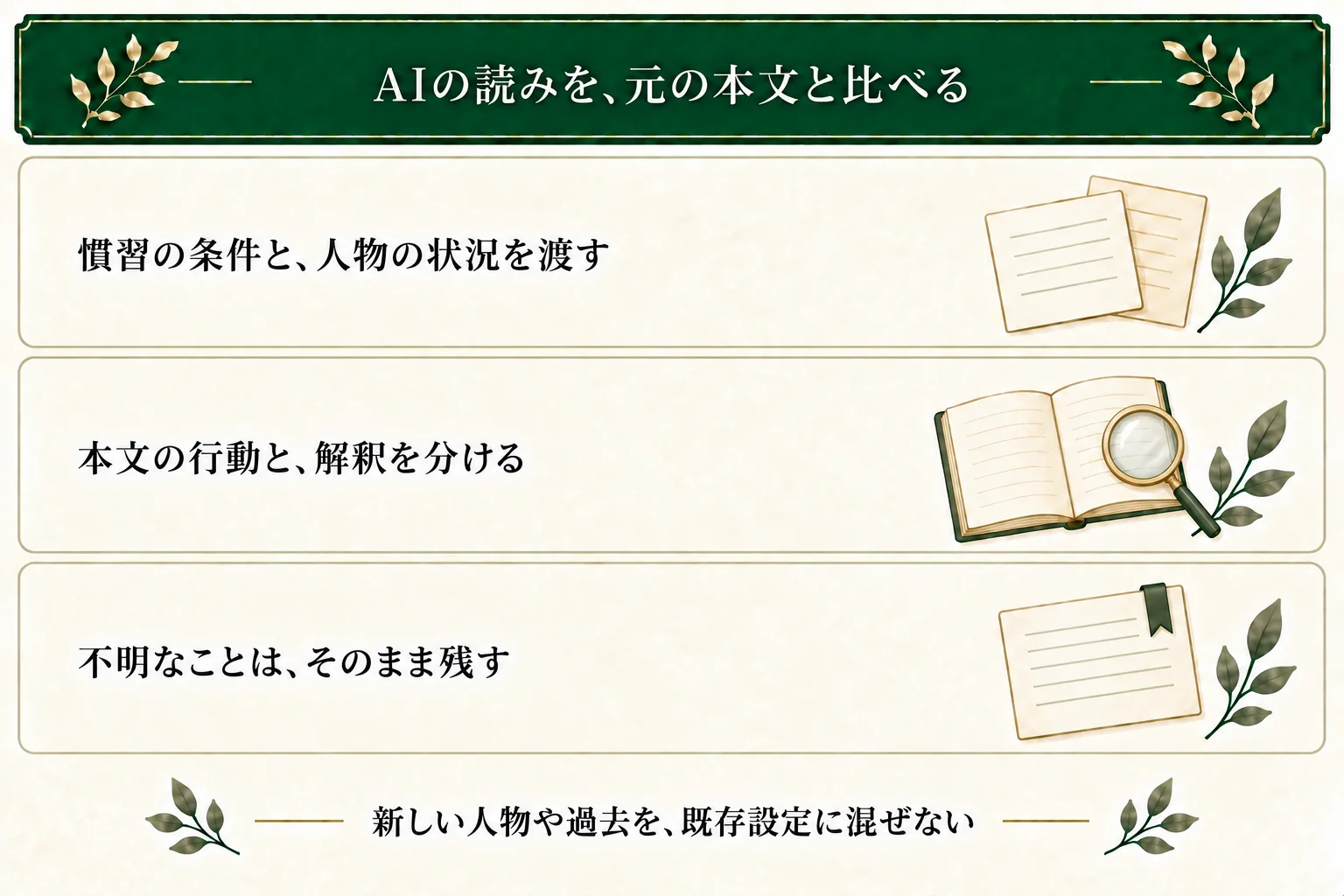 AIには慣習の条件と人物の状況・行動を渡し、返答の根拠と解釈を分けて元の本文に照らす。不明な反応を勝手に補わない。