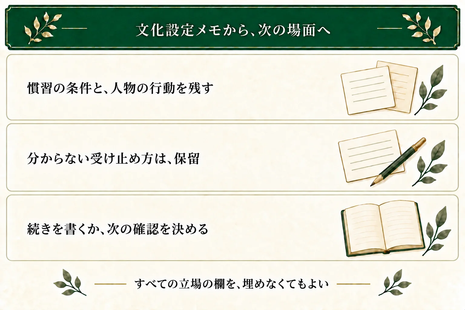 文化設定メモに慣習の条件と行動を残し、不明な受け止め方は保留する。続きを書くか次の確認を決め、すべての立場を埋める必要はない。
