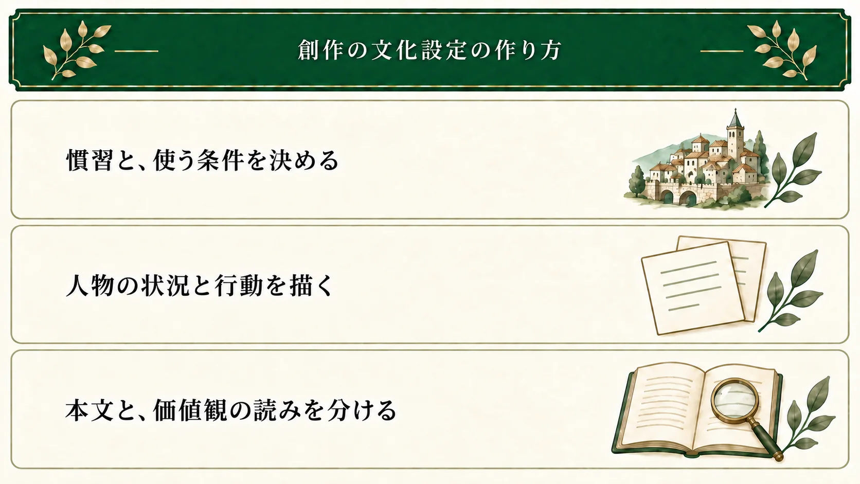 文化設定は、慣習の条件を決め、人物の状況と行動を描き、本文にあることと価値観の読みを分ける。