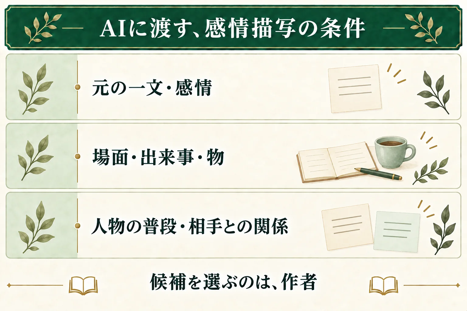 AIには元の一文と感情、場面と直前の出来事、その場の物、人物の普段の動作と相手との関係を渡す。候補の採用と感情名を残す判断は作者が行う。