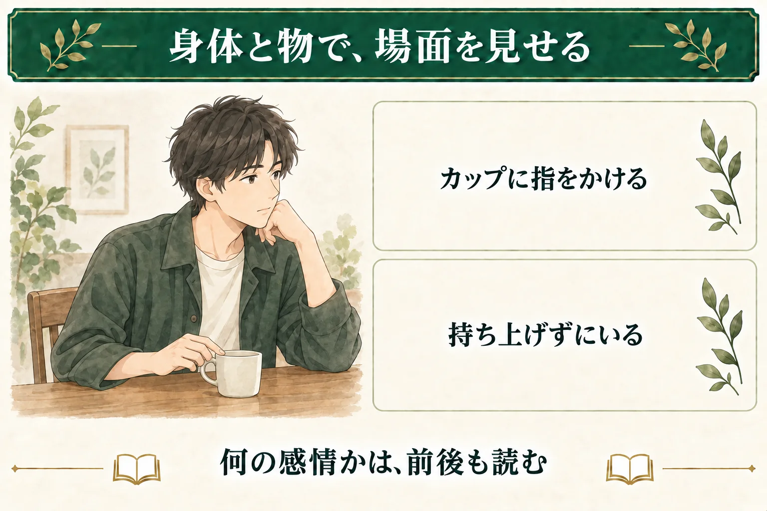 練習例の人物が、机に置いたカップに指をかけたまま、持ち上げずにいる。身体と物で止まる時間を描けるが、何の感情かは前後の出来事も合わせて読む。