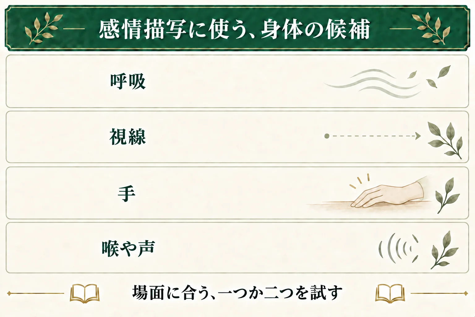 感情描写の候補を、呼吸、視線、手、喉や声から考える。すべてを使うのではなく、その人物と場面に合う一つか二つを試す。