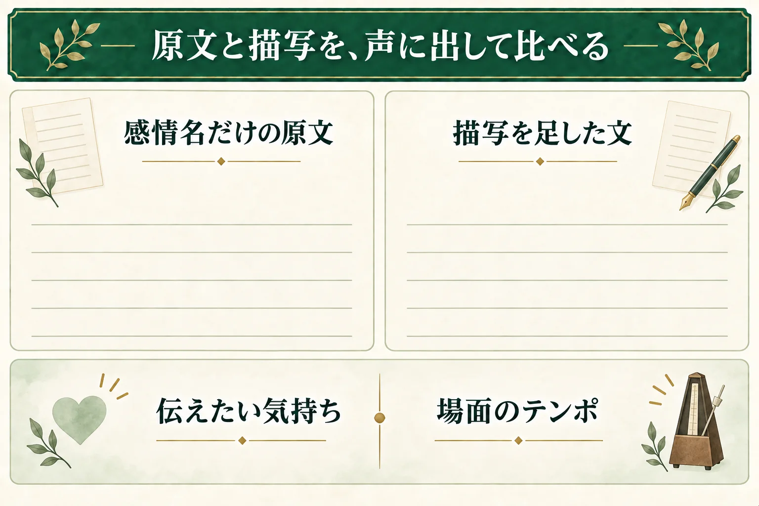 感情名だけの原文と、描写を足した文を声に出して比べる。伝えたい気持ちと場面のテンポに合う案を選ぶ。