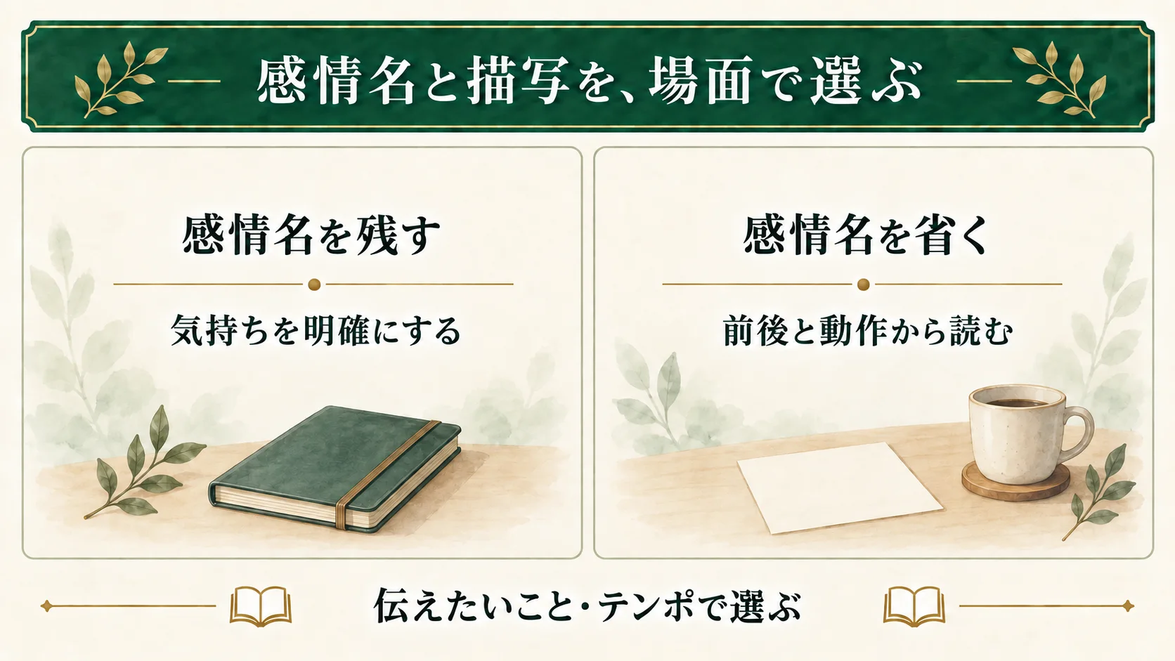 感情名を残すと気持ちを明確に伝えられる。省く場合は、前後の出来事と動作から読んでもらう。伝えたいことと場面のテンポに合わせて選ぶ。
