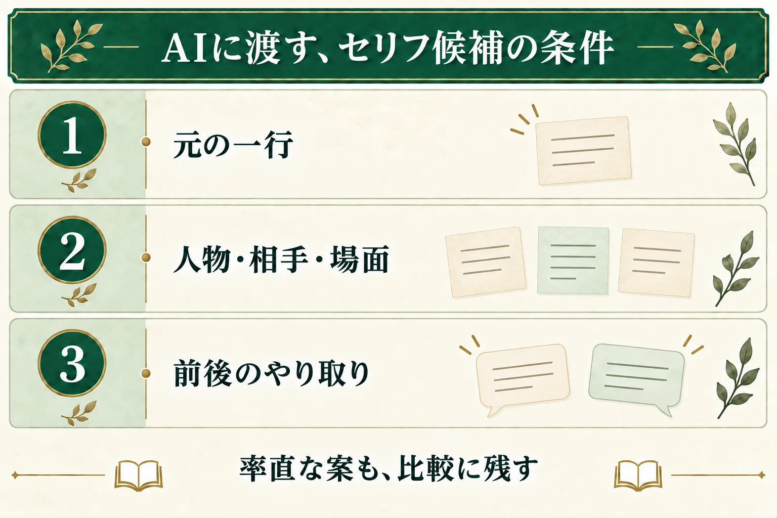 AIへセリフ候補を頼むときは、元の一行、人物・相手・場面、前後のやり取りを渡す。遠回しな案だけでなく、率直な案も比較に残す。