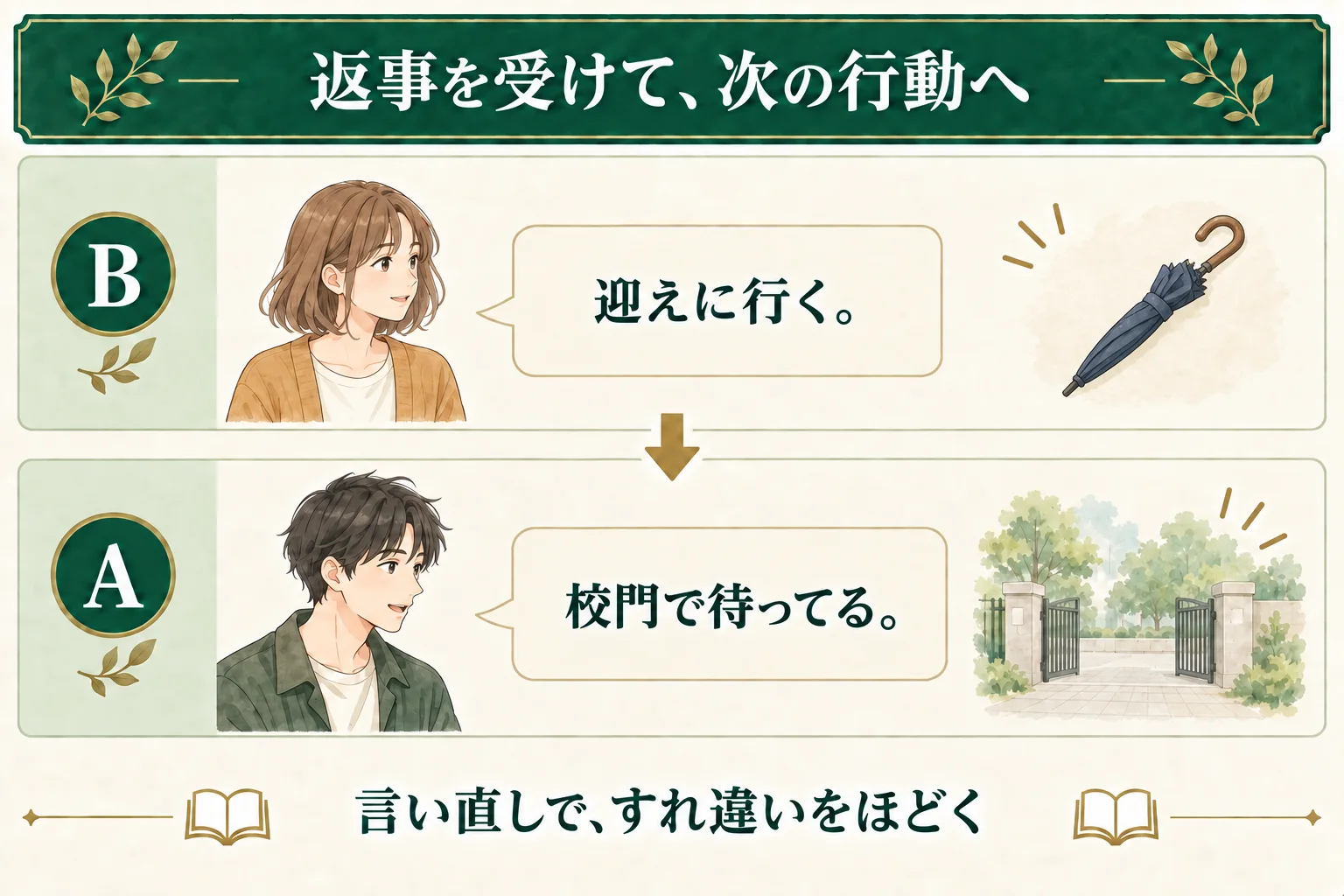 迎えの話が断られたように聞こえた後の例。Bが「迎えに行く」と言い直すと、Aが「校門で待ってる」と答え、走って帰る案から待つ行動へ変わる。