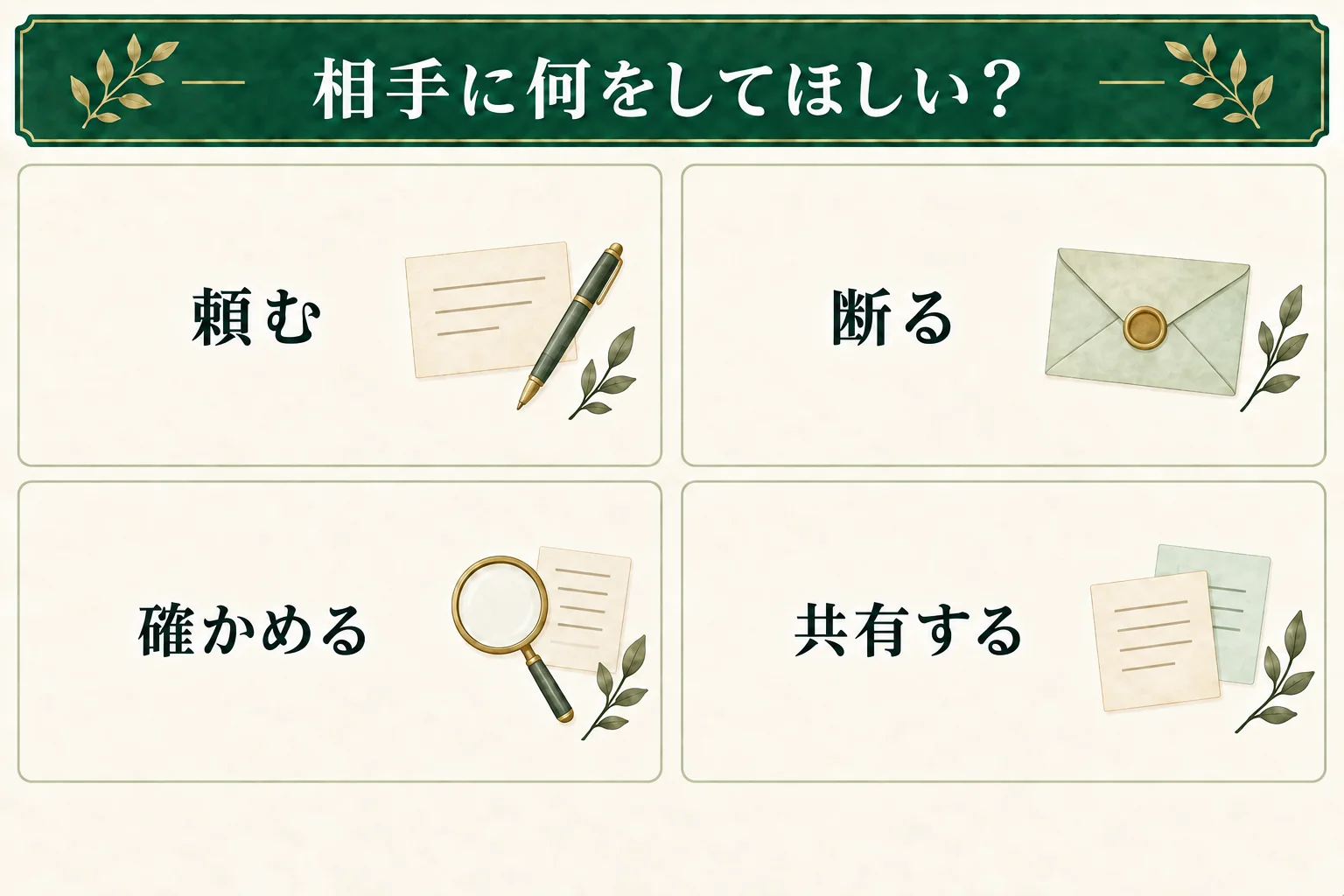 会話で相手に何をしてほしいかを考える。頼む、断る、確かめる、共有するなど、その場で話す目的を一つ決める。