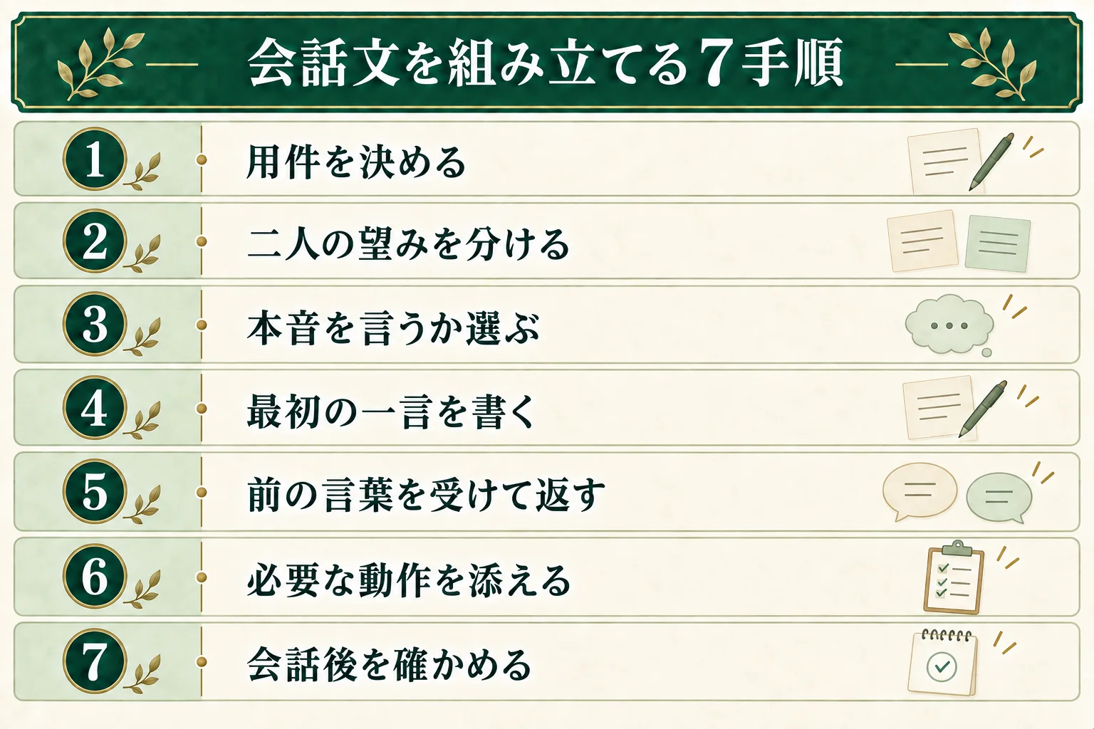 会話文を作る7手順。用件、二人の望み、言うか伏せるかを決め、最初の一言と返事を書く。必要な動作を添え、会話後を確かめる。
