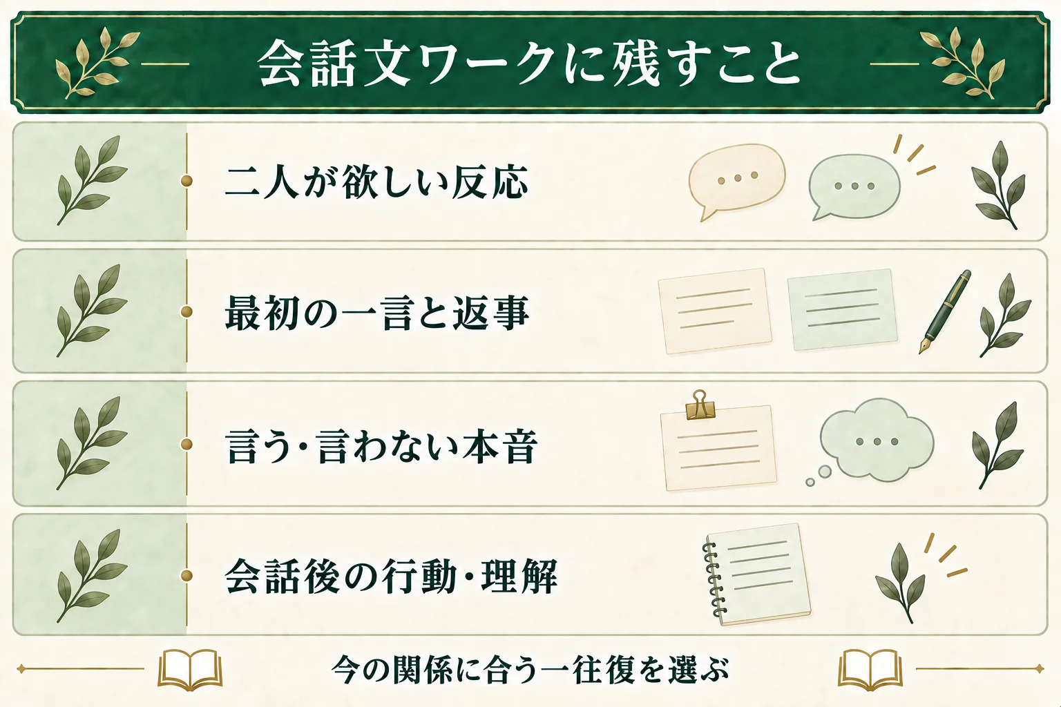 会話文ワークに、二人が欲しい反応、最初の一言と返事、言う・言わない本音、会話後の行動や理解を残す。今の関係に合う一往復を選ぶ。