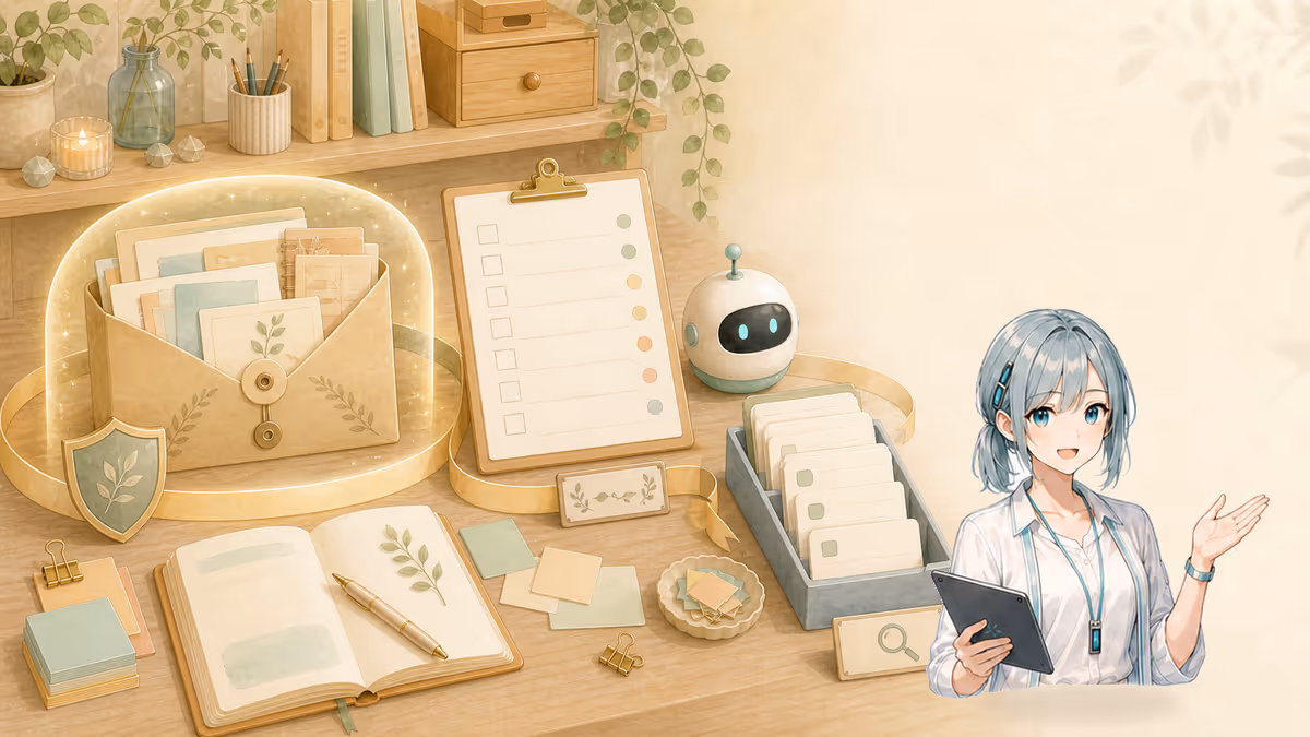 ミラが作者の判断軸を守る封筒と検査リストを案内する創作アトリエの挿絵