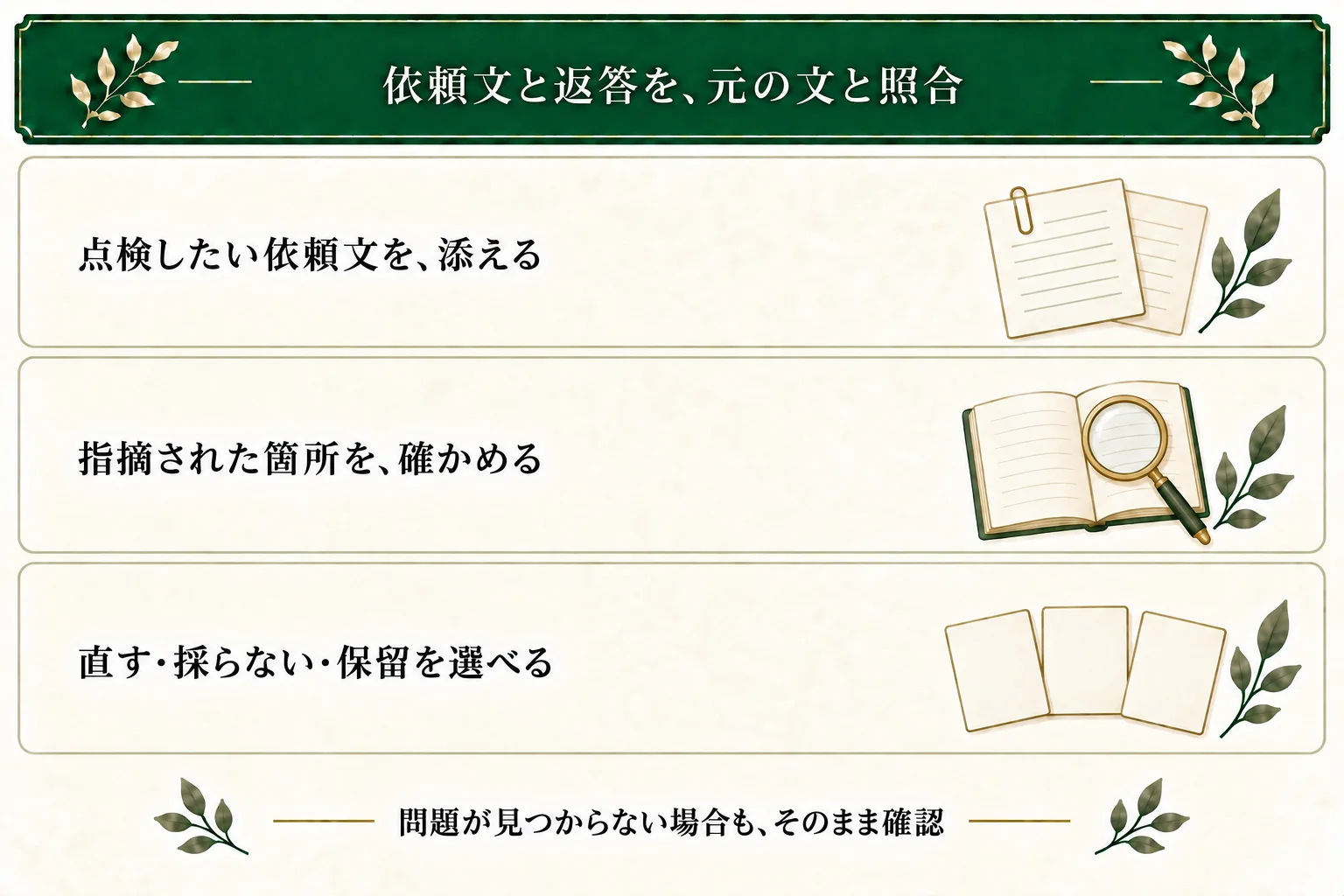 依頼文を点検してもらう場合は、その依頼文自体を添える。返答の指摘を元の文で確かめ、直すか採らないか、保留するかを選ぶ。