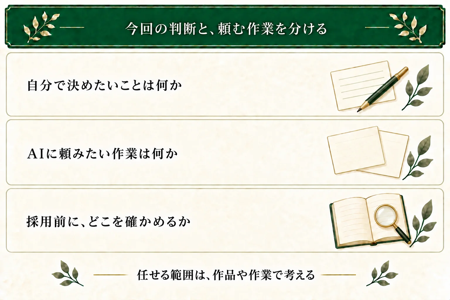 自分で決めること、AIに頼む作業、採用前に確かめることを分ける。任せる範囲は作品や作業に合わせて考える。