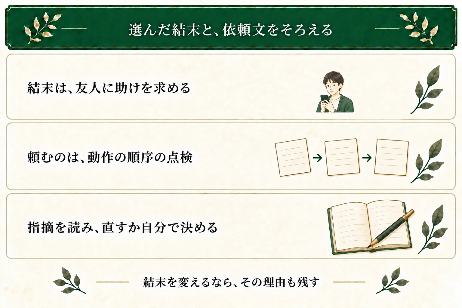 作例では友人に助けを求める結末を作者が選び、AIには本文の動作順の点検を頼む。指摘を元の文で確かめ、直すかを自分で決める。