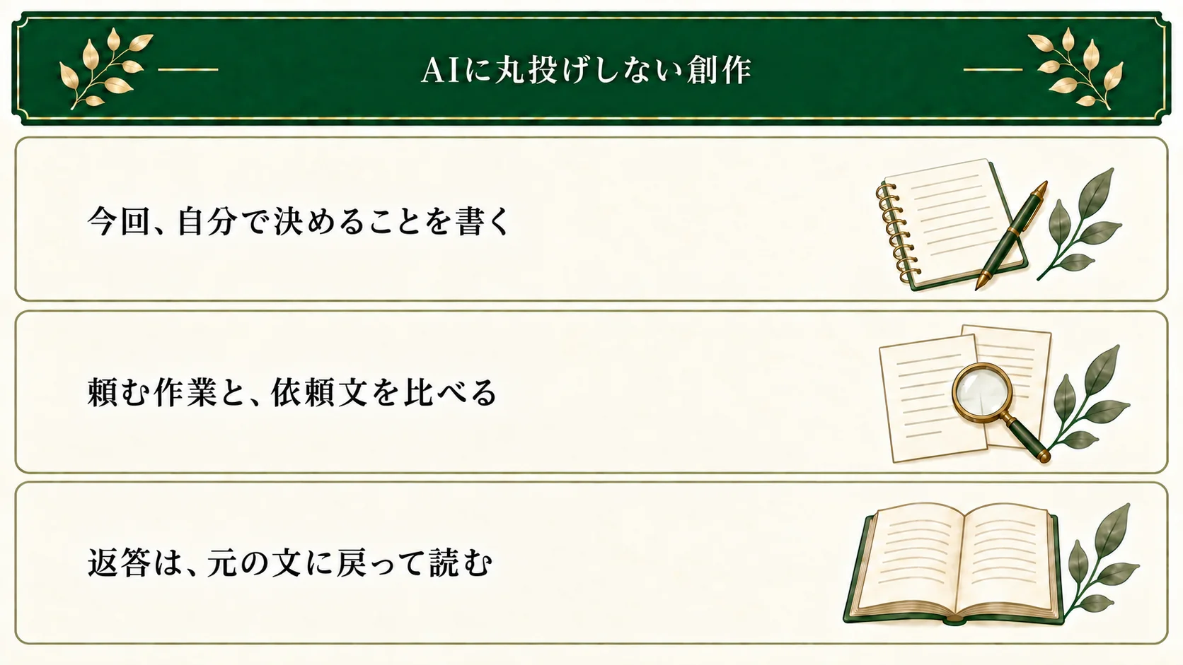 AIに丸投げしないため、今回自分で決めることを書き、頼む作業と依頼文を比べ、返答を元の文で確かめる。