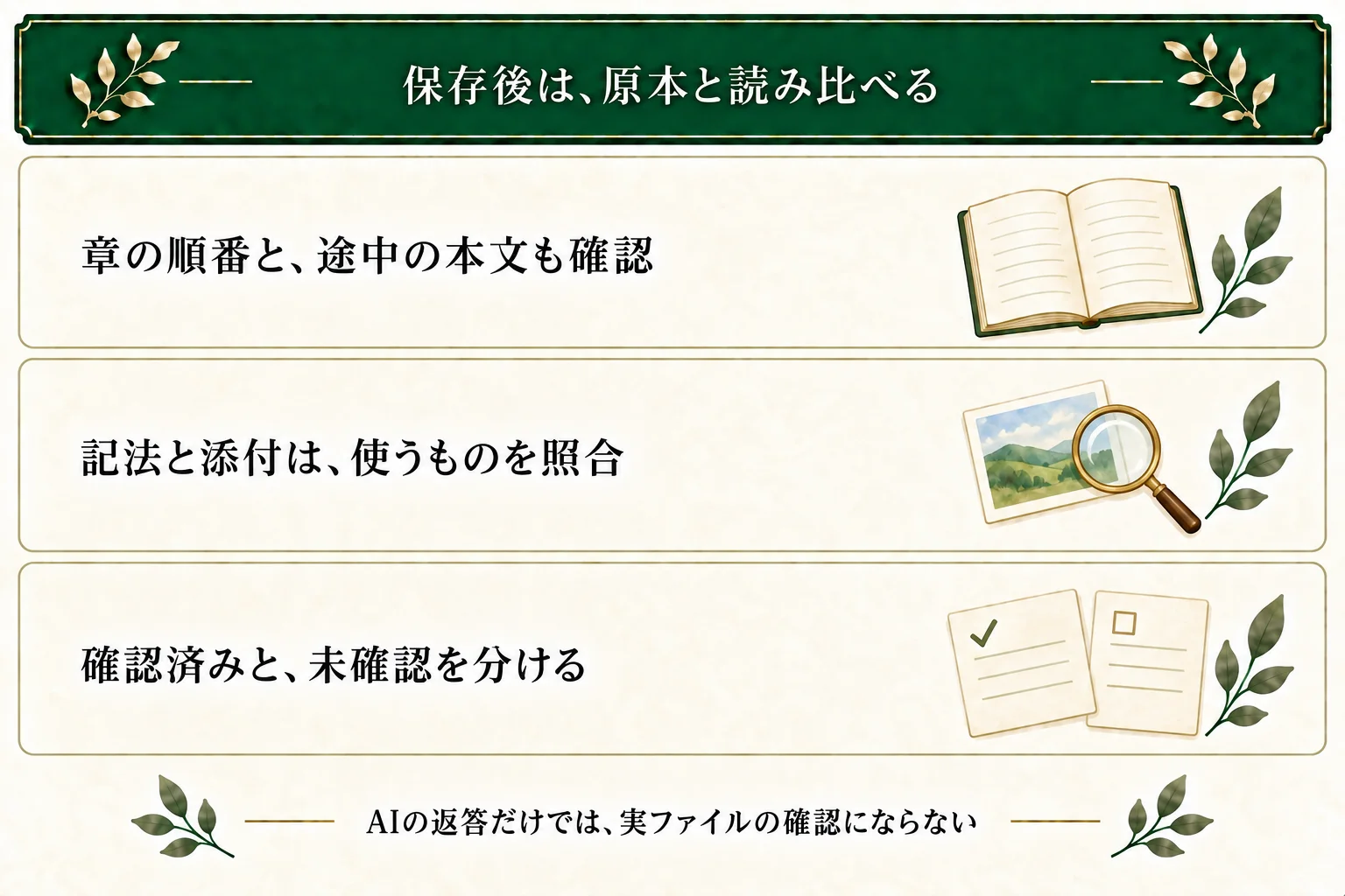 章の順序だけでなく途中の本文も原本と読み比べ、必要な記法や添付を確認する。AIの返答だけで実ファイルを確認したとは扱わない。