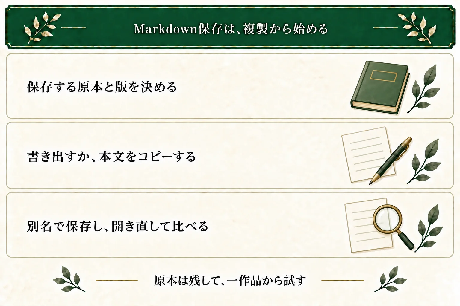 原本と版を決め、書き出し機能か本文コピーを使い、別名でMarkdownファイルに保存する。原本を残して開き直し、内容を比べる。