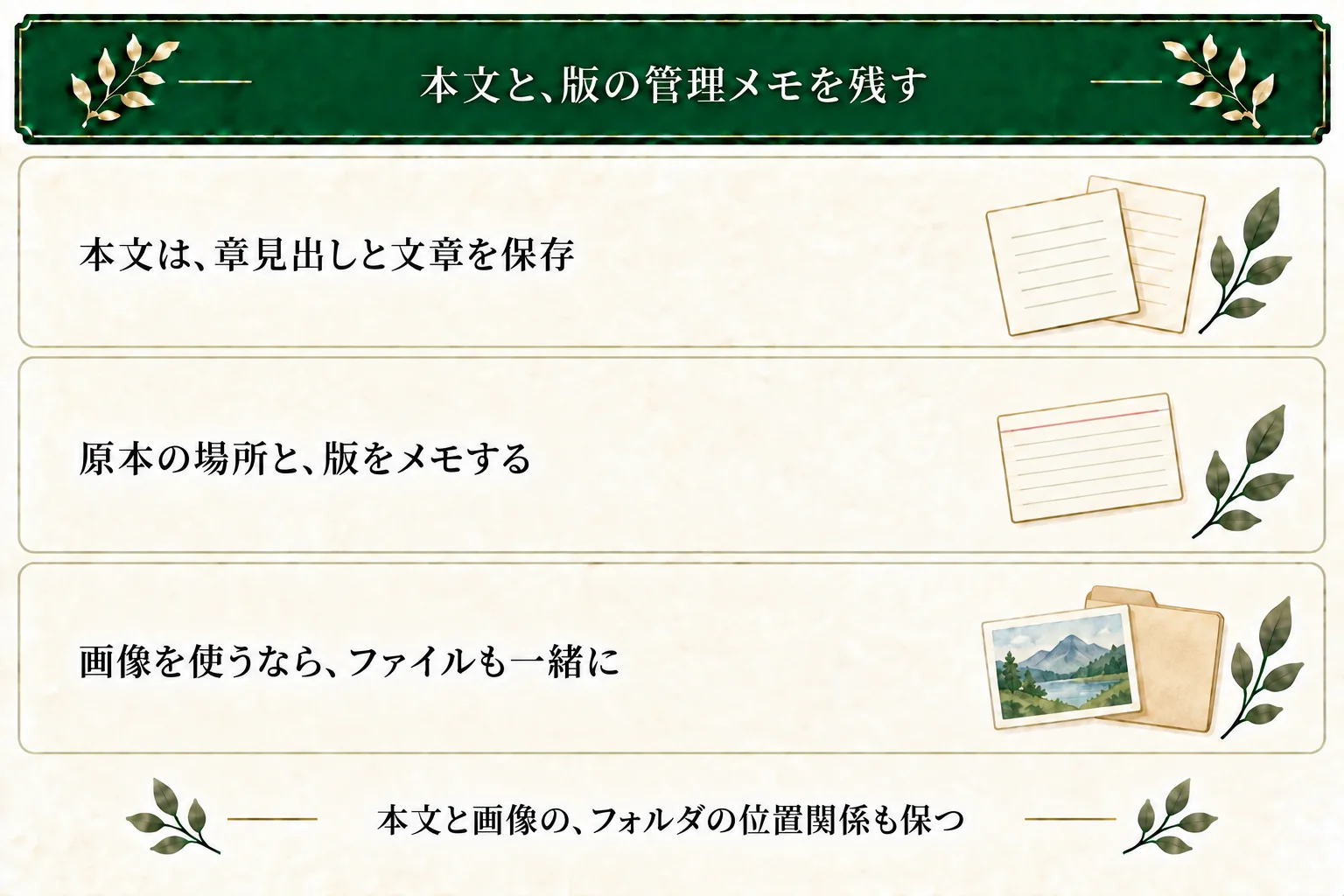 本文は章見出しと文章を保存し、原本の場所や版は別の管理メモに残せる。画像を使う場合は参照先の画像ファイルも一緒に保存する。