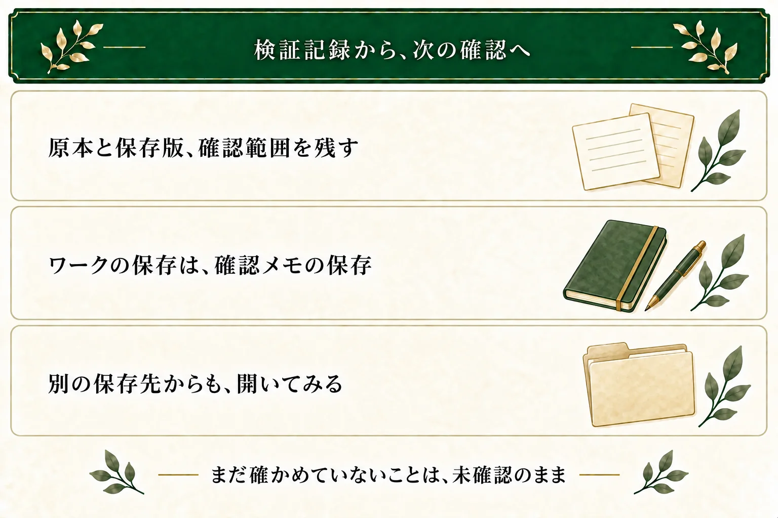 検証記録に原本・保存版・確認範囲を残し、別の保存先からも開いてみる。記事のワーク保存は確認メモの保存で、作品本文の自動書き出しではない。