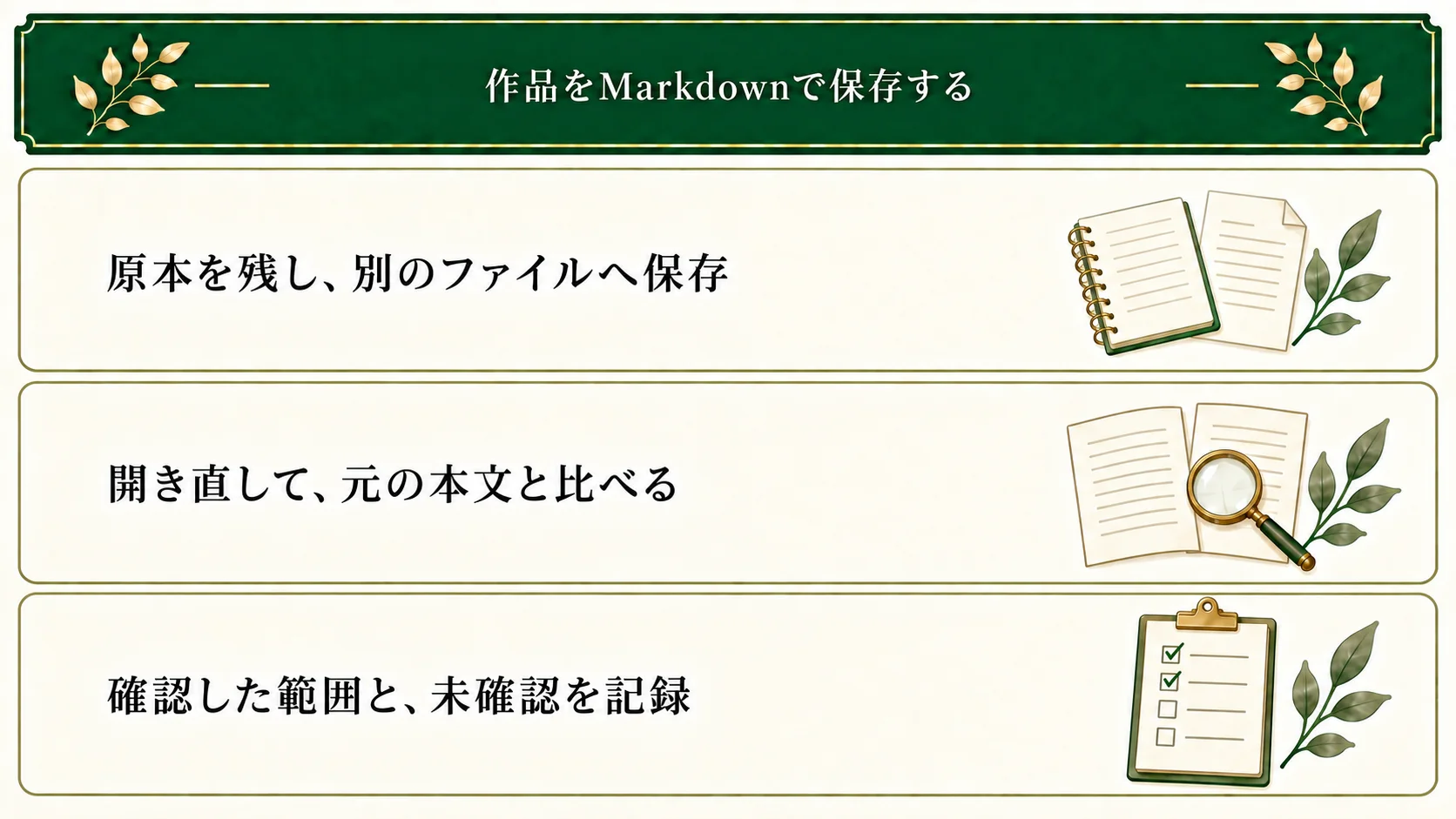 Markdown保存では原本を残して別ファイルへ保存し、開き直して元の本文と比較する。確認した範囲と未確認を記録する。