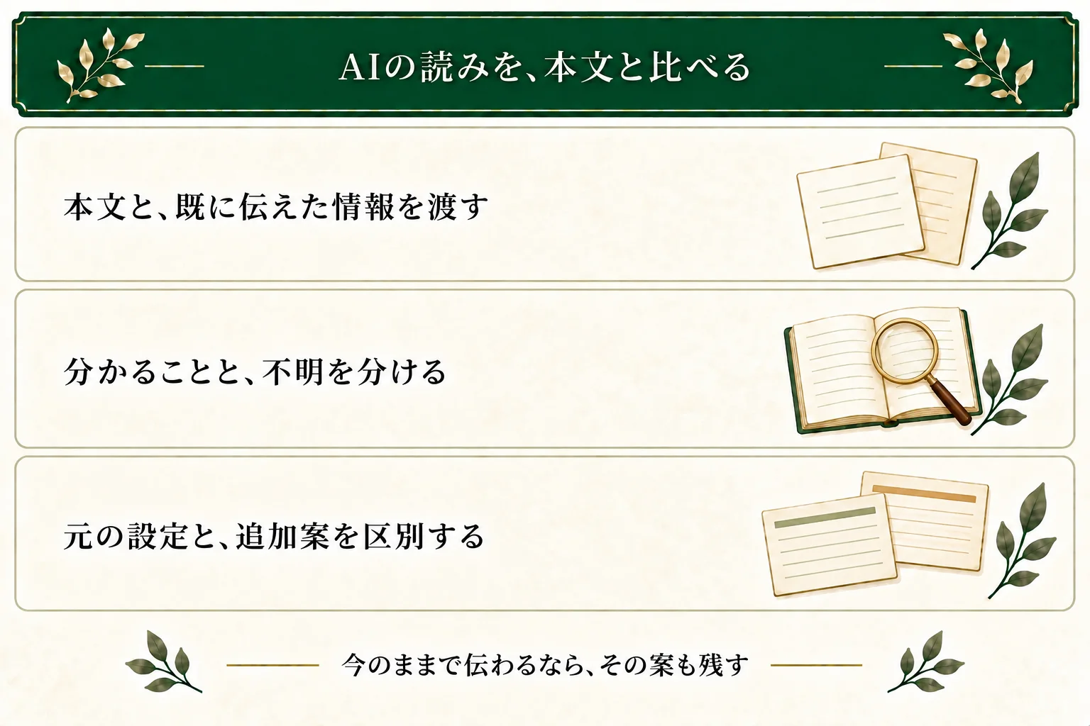 AIには本文と読者・人物の既知情報を渡し、分かることと不明なことを比べる。追加案を元の設定と分け、本文を変えない案も残せる。