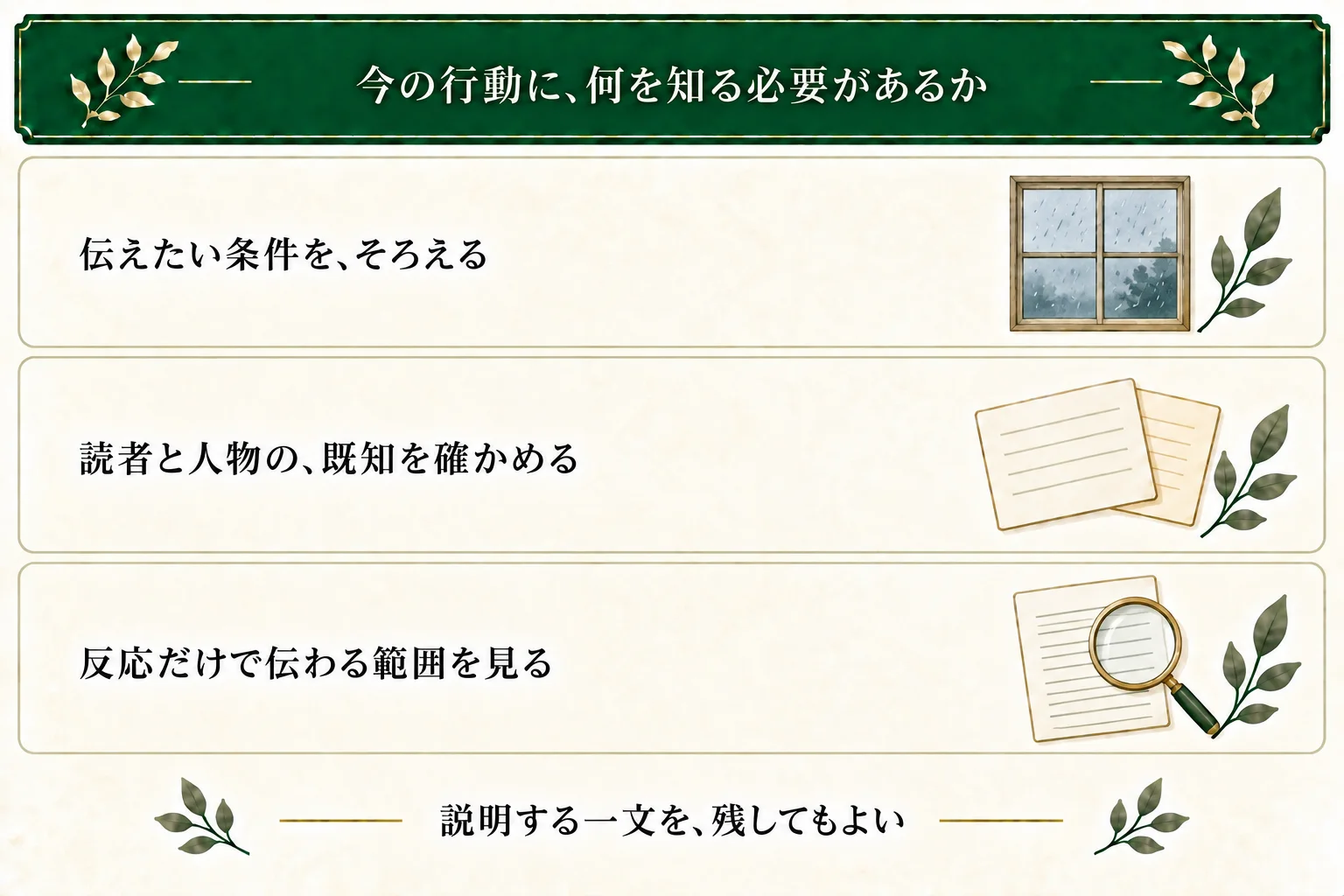 伝えたい条件と、読者・人物が既に知っていることをそろえる。反応だけで分かる範囲を見て、必要な説明の一文を残す。