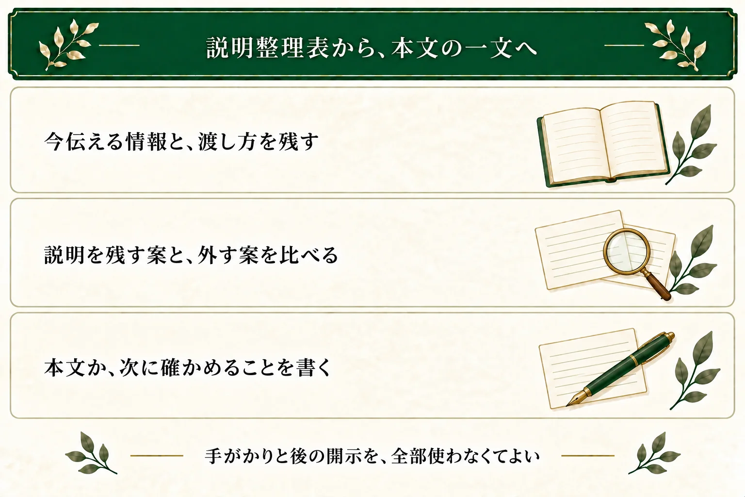 説明整理表に今伝える情報と渡し方を残し、説明を残す案と外す案を比べる。手がかりや後の開示は任意で、本文か次の確認を記録する。